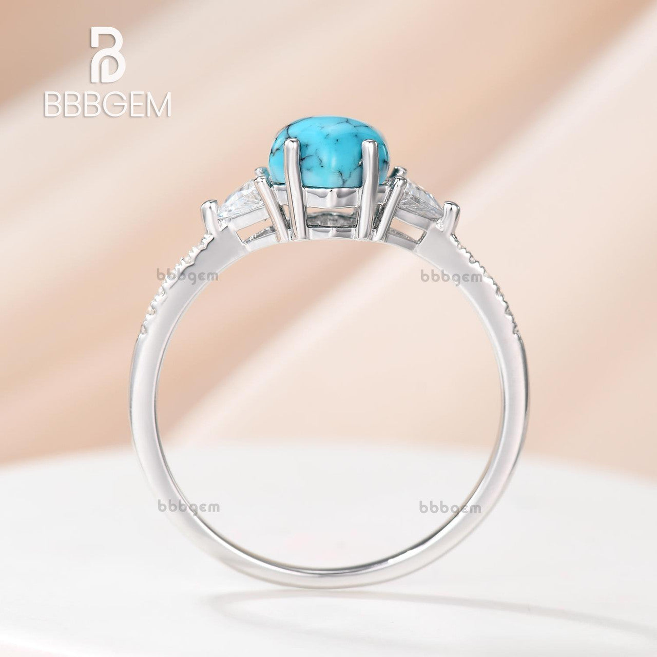Three Stone Hexagonal Turquoise Engagement Ring with Triangle Moissanite Basket Setting - Unique Vintage Style Wedding Band for Women, Perfect for Proposals, Anniversaries & Special Occasions
