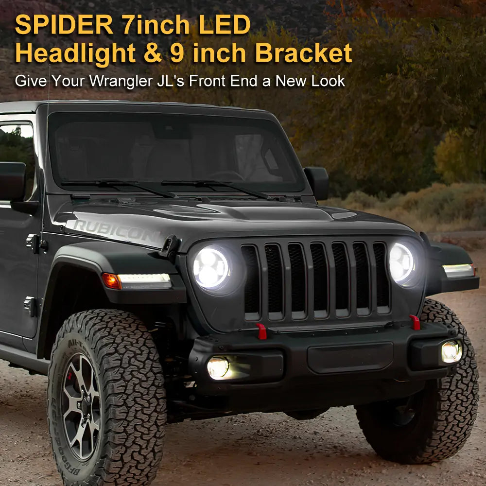 LOYO 7 LED Spider Headlight with Halo DRL + 9 LED Mounting Bracket Ring Compatible with 2018-2023 Jeep Wrangler JL & Gladiator - Off-Road Lighting Upgrade for Night Driving & Adventure