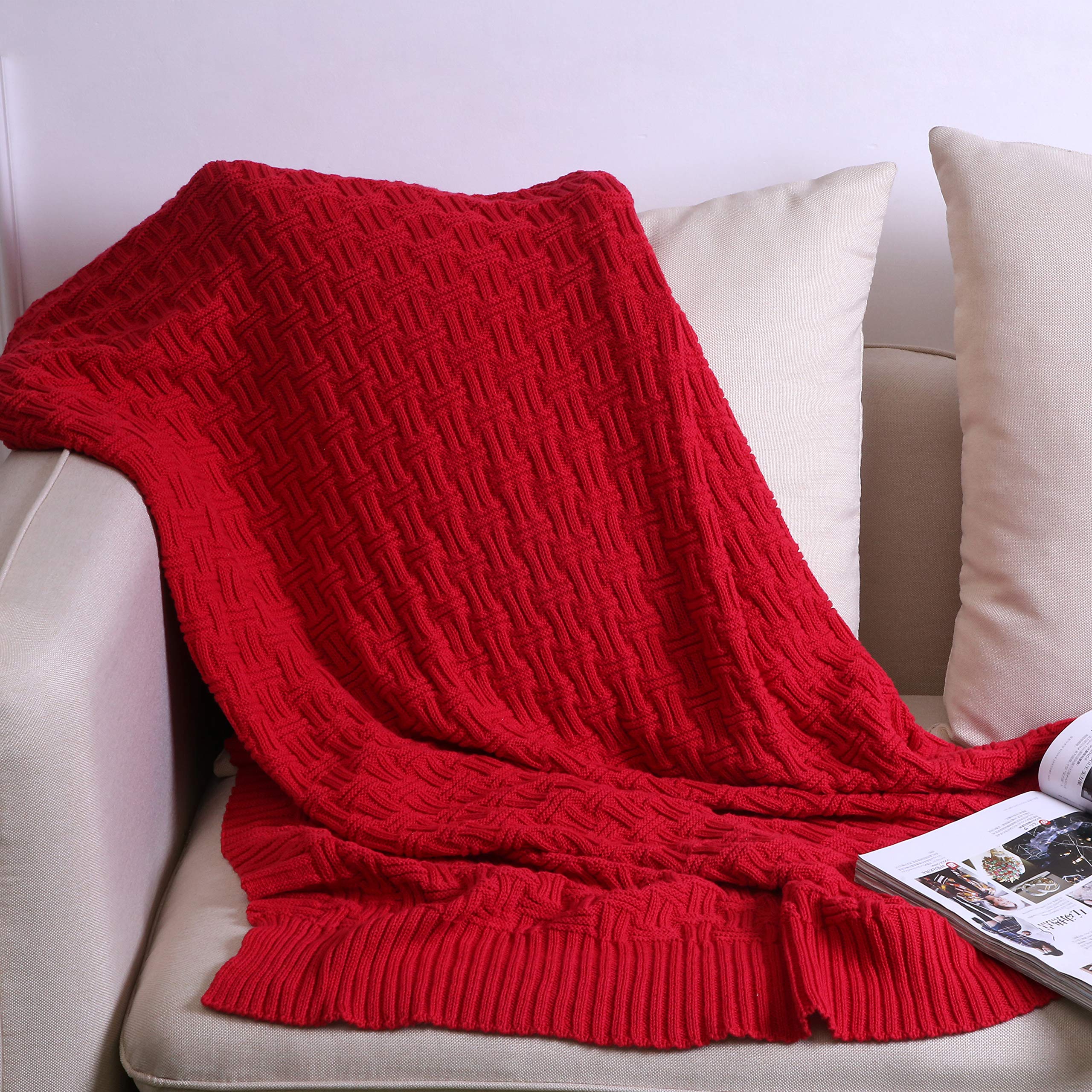 AGOOL Soft Cotton Red Cable Knit Throw Blanket - 50x70 Inch Cozy Blanket for Couch, Bed, Sofa & Beach - Home Decor Knitted Blanket with Silk Bow Tie Gift Packaging (2.2 lbs) - Perfect for Winter Snuggling, Picnics & Home Styling