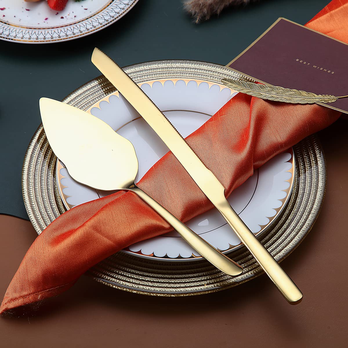 Gold Wedding Cake Knife and Server Set - Stainless Steel Cake Cutting Set for Wedding Ceremonies, Anniversaries & Parties - Elegant Cake Cutter & Server with Dishwasher Safe Shiny Gold Finish - Perfect for Wedding Cakes, Birthday Parties & Special Celebrations