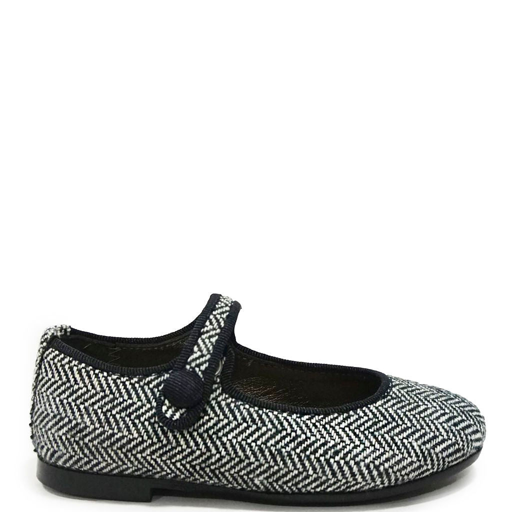 Black and White Herringbone Mary Jane Shoes for Women - Classic Comfortable Flats for Work, Office, and Casual Outfits
