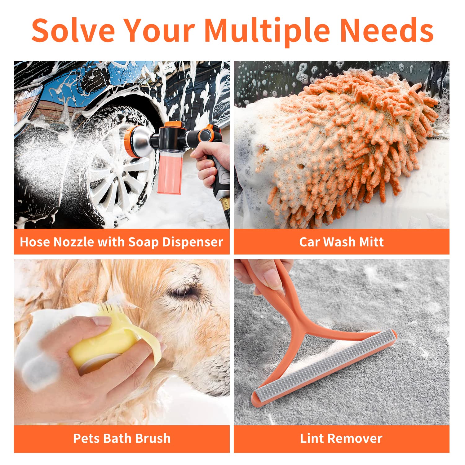 **Heavy Duty Metal Garden Hose Nozzle - 8 Spray Patterns High Pressure Water Nozzle for Dog Washing, Car Cleaning, Plant Watering | Includes Soap Dispenser & Car Wash Mitt | Perfect for Outdoor Cleaning, Pet Care & Vehicle Maintenance**