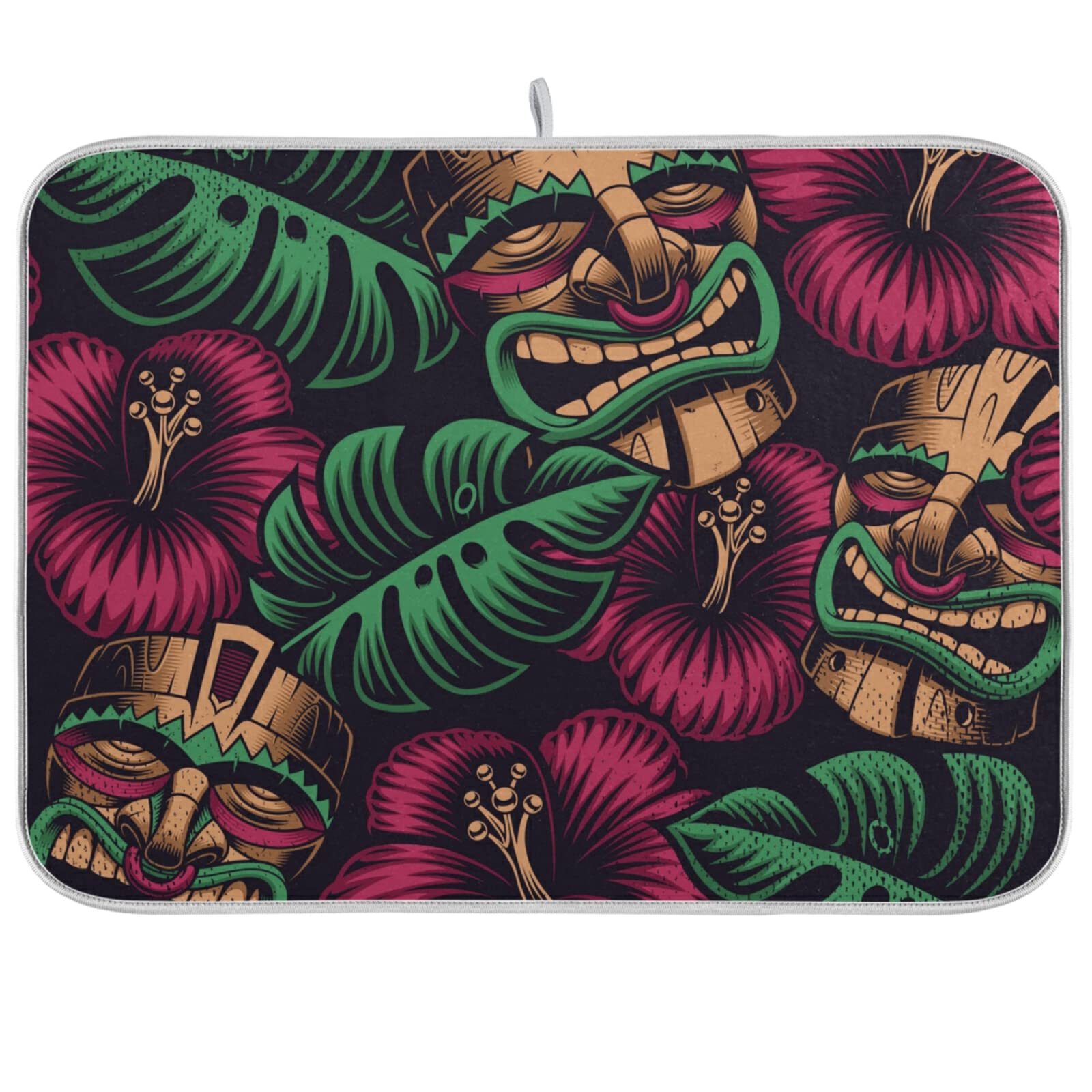 Tiki Trible Mask Dish Drying Mat for Kitchen Counter - Absorbent, Reversible & Heat Resistant (16x18 Inches) | Quick-Dry Dish Drainer Mat for Plates, Cups & Utensils | Easy to Clean & Store | Perfect for Kitchen Countertops, Sinks & Dish Racks