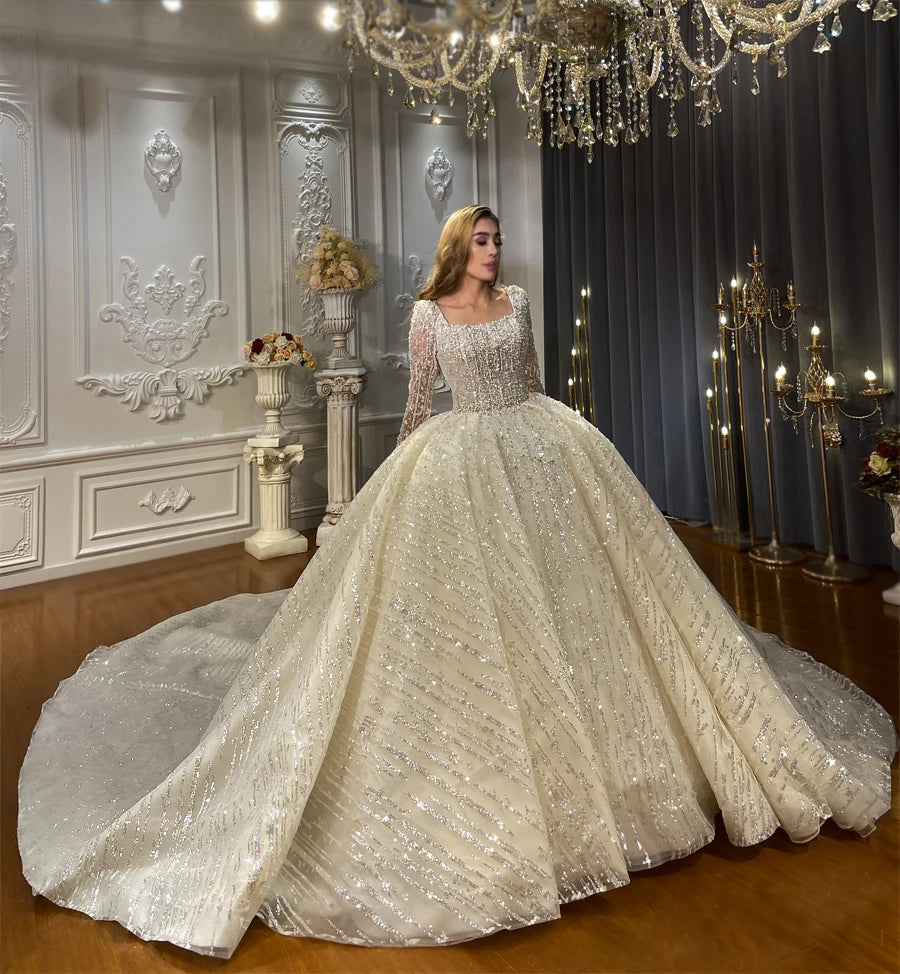 Elegant Square Neck Long Sleeve Fluffy Ball Gown Wedding Dress for Bride - Perfect for Church Ceremony, Formal Reception & Romantic Photoshoot