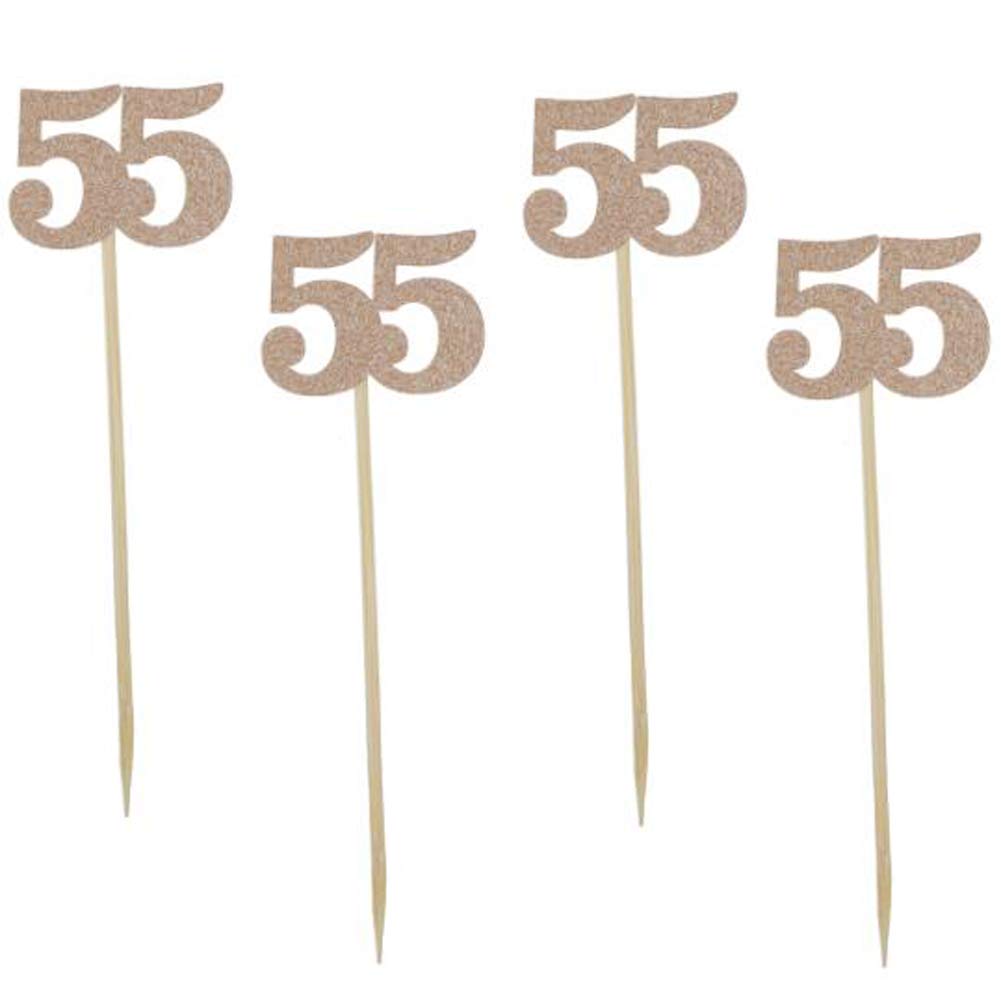 Glitter Rose Gold 55th Birthday Cupcake Toppers - 24 Pack Number 55 Cake Decorations for Anniversary, Retirement & Milestone Celebrations