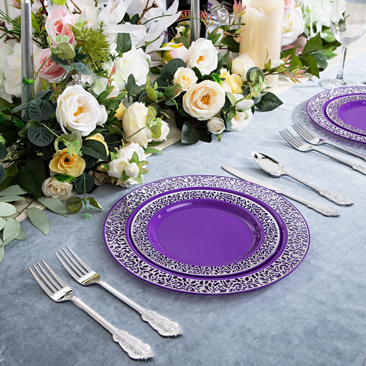 150-Piece Purple & Silver Plastic Dinnerware Set - 30 Plates (10.25