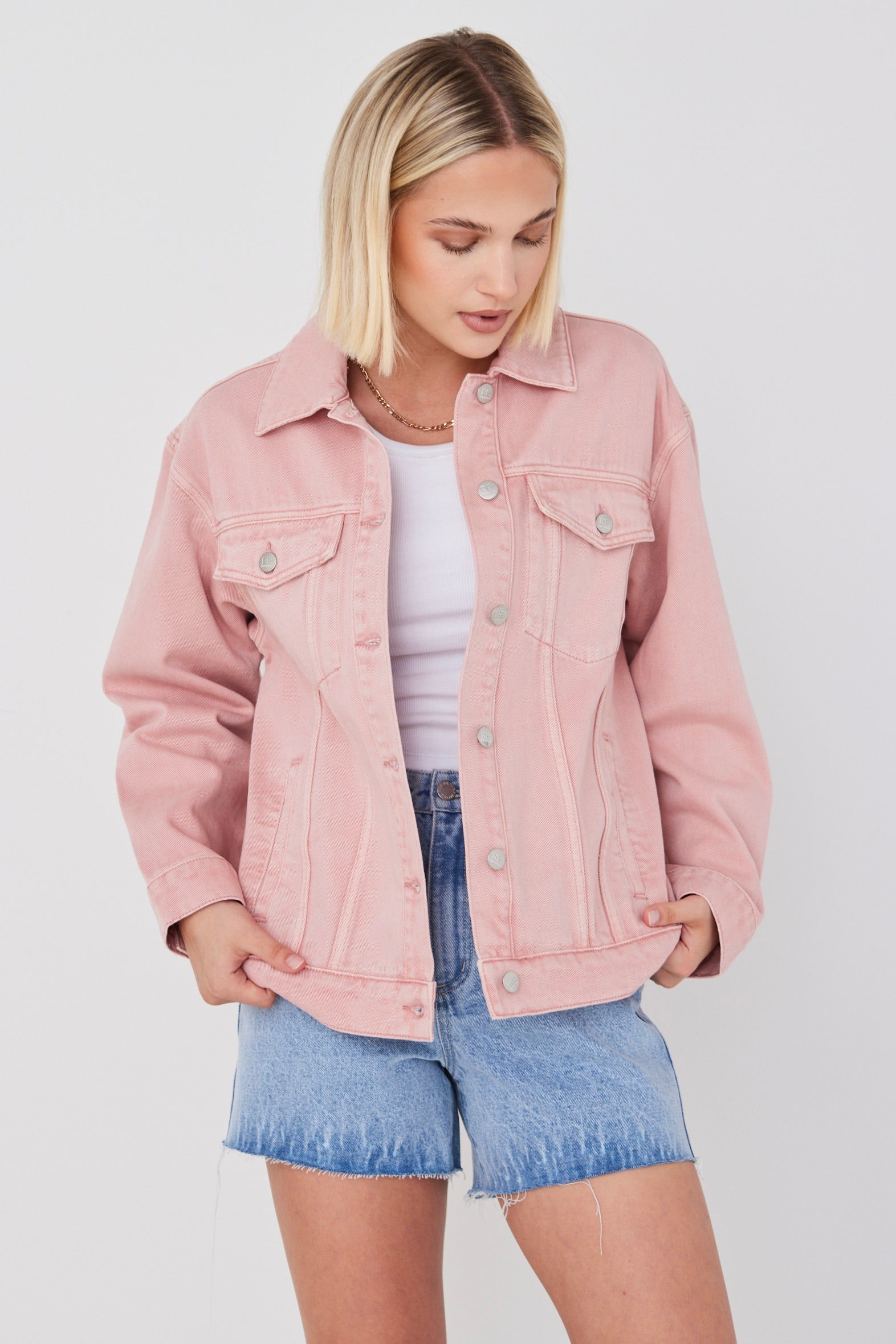 Always Mushroom Pink Denim Jacket - Women's Vintage Style Distressed Denim Jacket for Casual Outfits & Streetwear Fashion