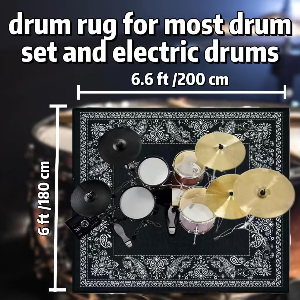Aucuda 6x6.6ft Large Paisley Drum Rug - Non-Slip Woven Drum Mat for Electric Drum Sets - Perfect for Home Studio, Apartment & Outdoor Use - Soundproof & Crease-Free Drum Carpet Accessory