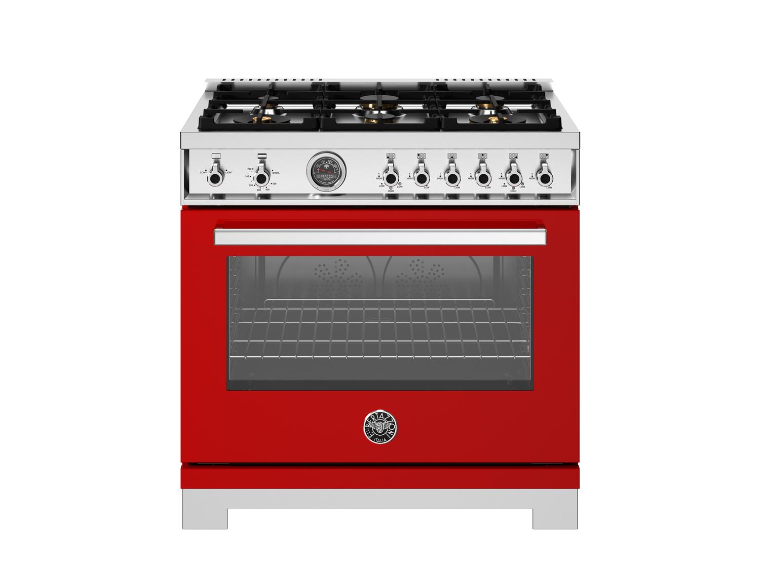 Bertazzoni PRO366BCFGMROT 36-Inch Professional Gas Range with 6 Brass Burners & Cast Iron Griddle - Rosso Red Finish | Ideal for Home Chefs & Commercial Kitchens
