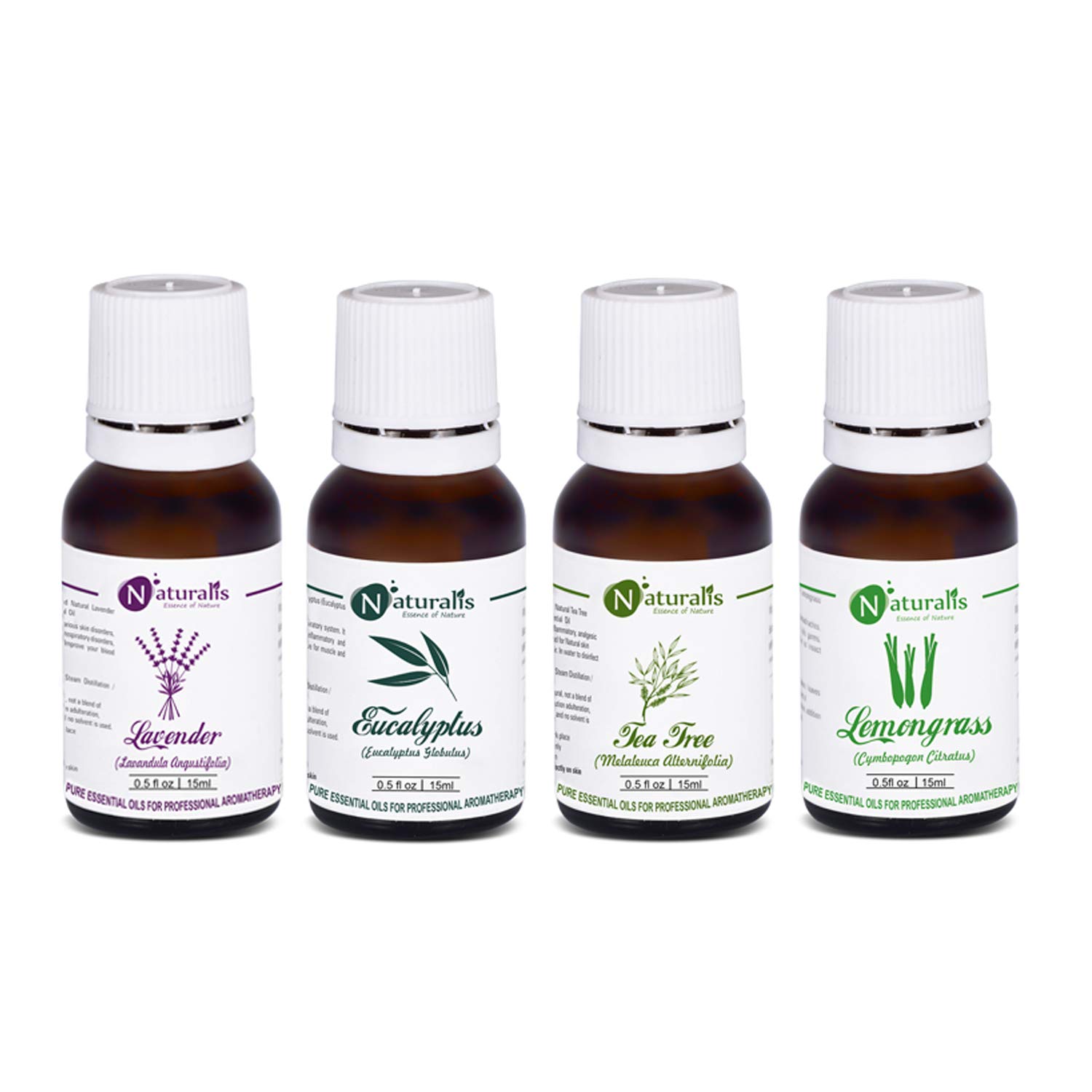 Naturalis 15ml Essential Oil Gift Set - 4 Pack Multipurpose Aromatherapy Oils (Lavender, Eucalyptus, Tea Tree, Lemongrass) for Diffusers, Massage & Relaxation