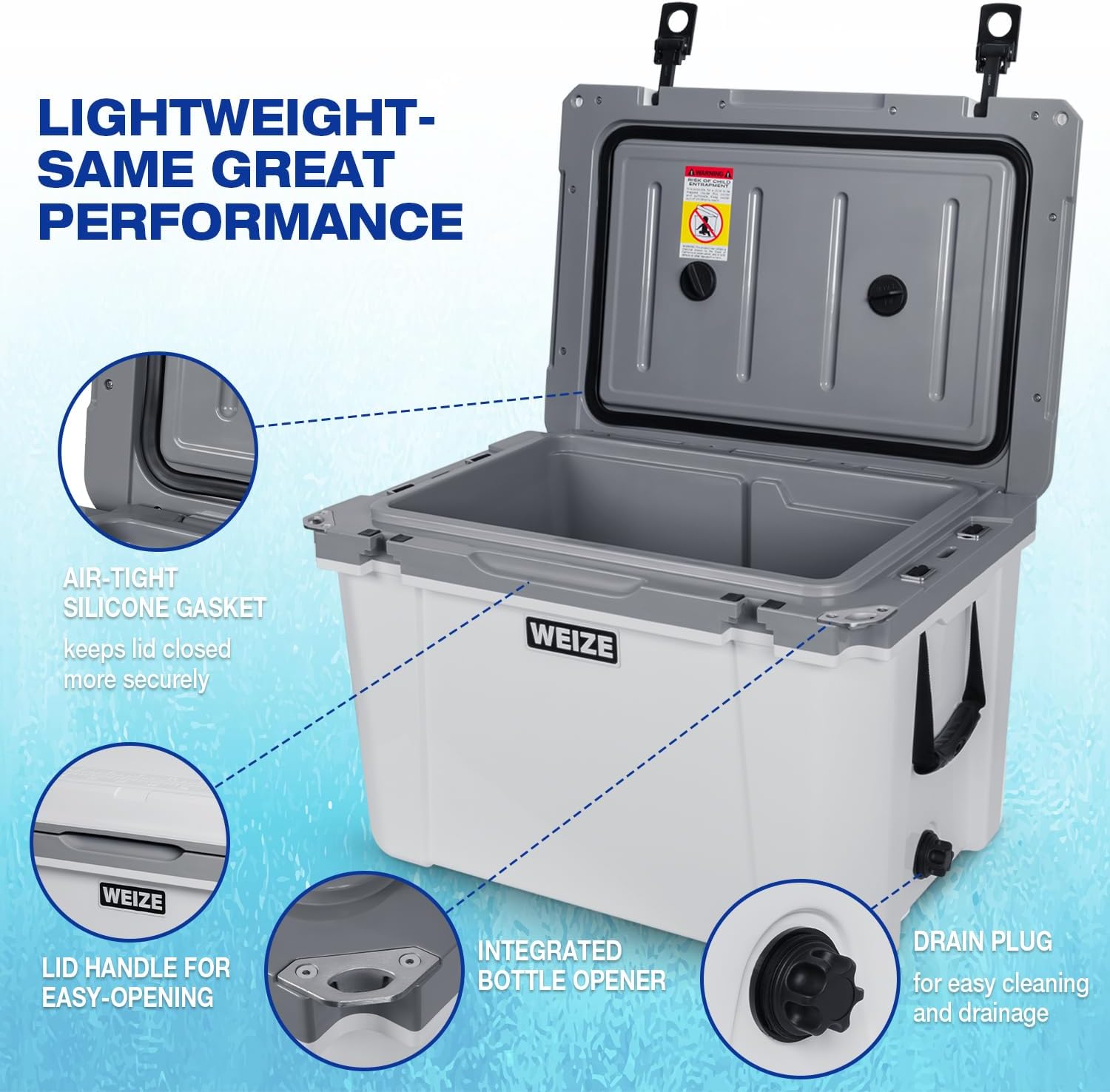WEIZE Ultra Light 55 Quart Hard Cooler - Insulated Portable Ice Chest Box with Bottle Opener | Keeps Ice Cold Up to 8 Days | Perfect for Camping, Beach Trips, Tailgating & Outdoor Adventures