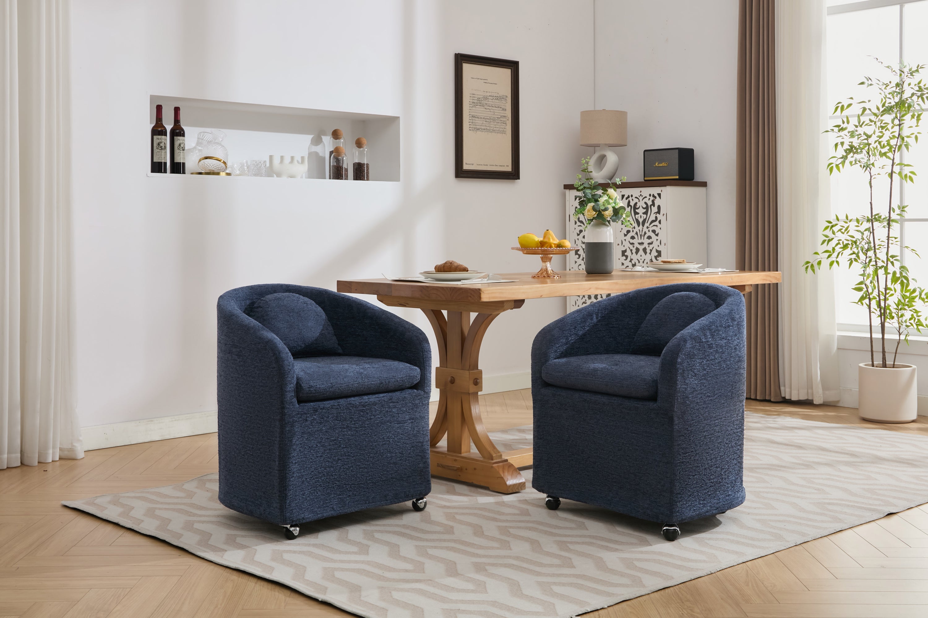 Blue Chenille Fabric Dining Armchair with Back Cushion & Universal Wheels - 1-Piece Set for Home, Office or Restaurant Use