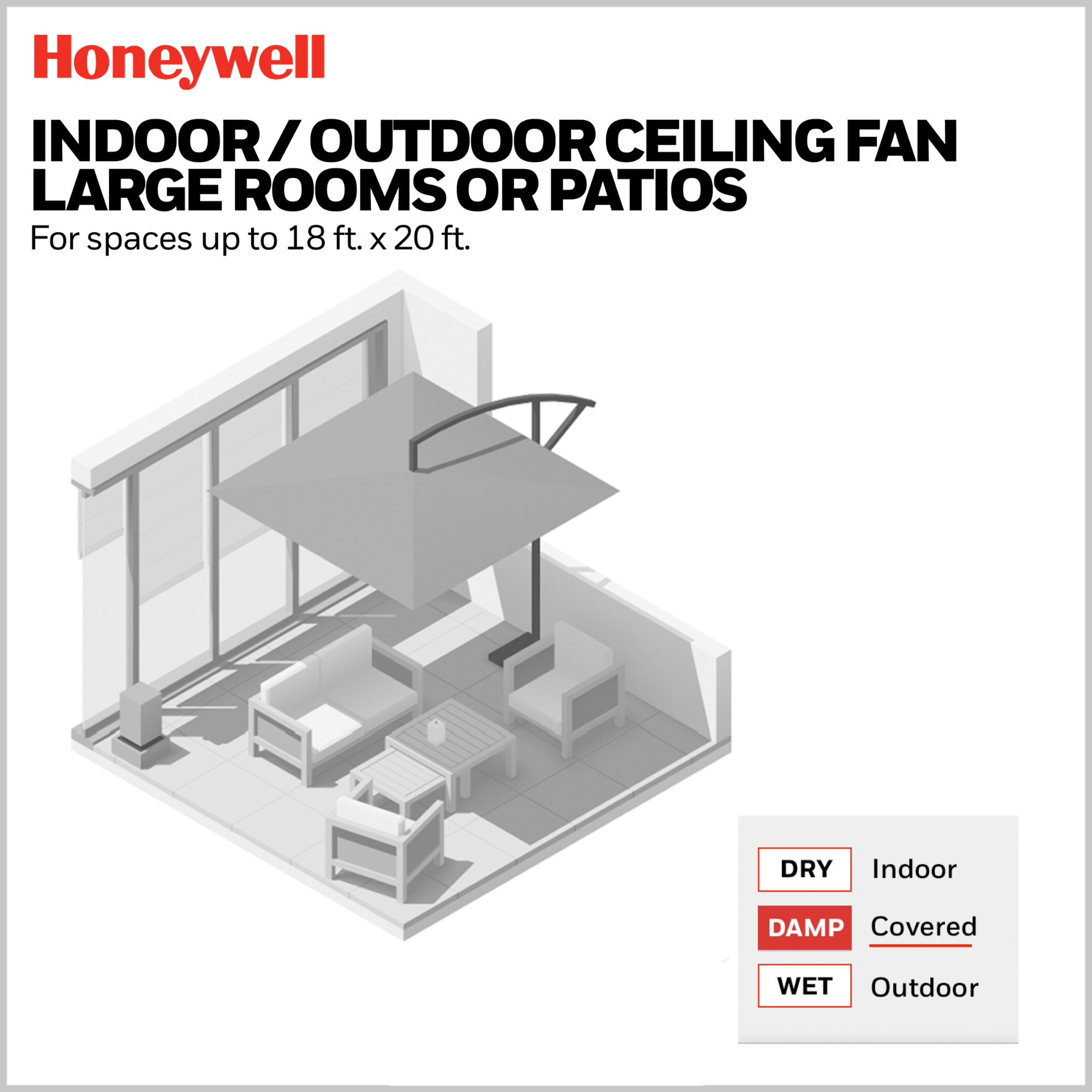 52 Inch Honeywell Lynton Matte Black Ceiling Fan with Light Kit & Remote Control - Quiet Reversible Motor for Bedroom, Living Room, and Outdoor Covered Patio