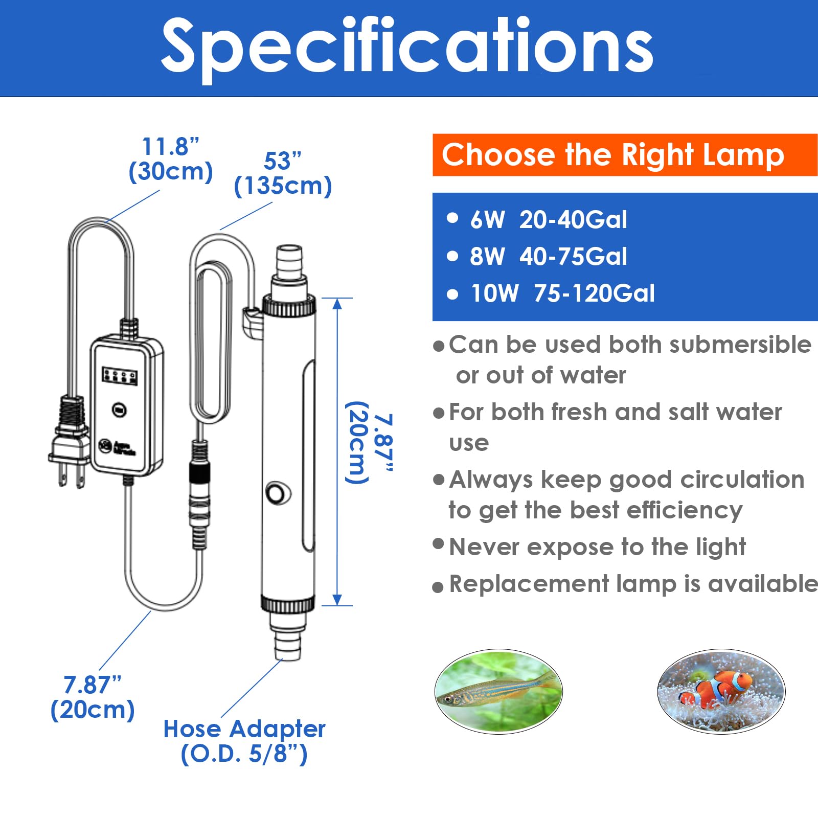 AquarMiracle UV-C Light for Aquarium with Timer, In-Line & In-Tank Green Bloom Clean Light (6W) - Perfect for 20-40 Gallon Fish Tanks - Eliminates Algae & Keeps Water Crystal Clear for Healthy Fish & Plants