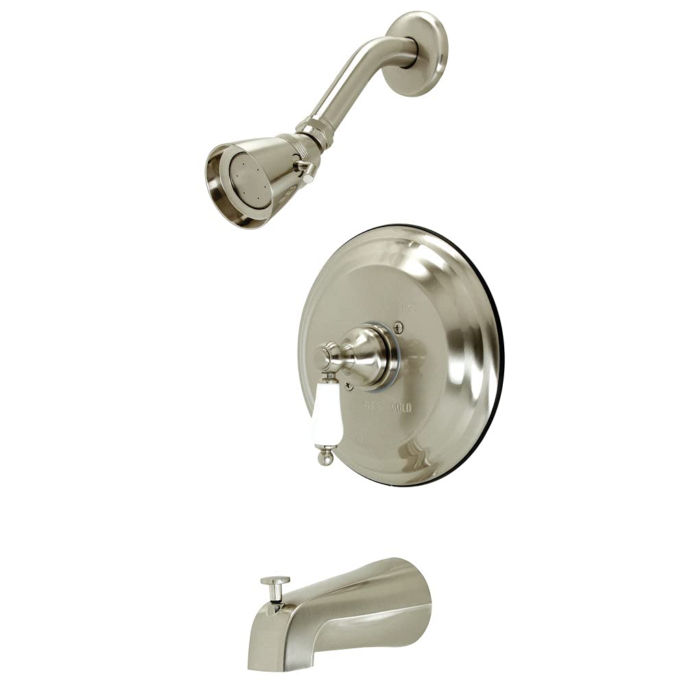 Kingston Brass KB3638PL Brushed Nickel Tub and Shower Faucet with Porcelain Lever Handle - Vintage Style Bathroom Fixture for Home Restoration Projects, Perfect for Classic and Modern Bathrooms