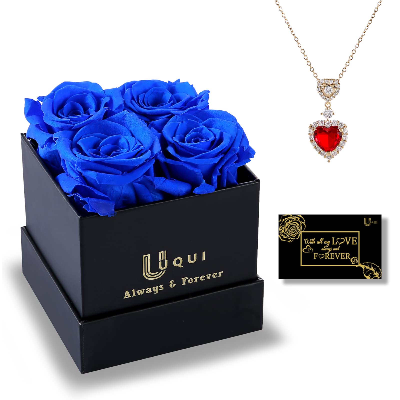 UQUI Preserved Roses Gift Box with Necklace - Real Eternal Roses for Anniversary, Birthday, Valentine's Day | Long Lasting Fresh Flowers for Her | Perfect Romantic Gift for Wife, Girlfriend | Blue, 4 Roses