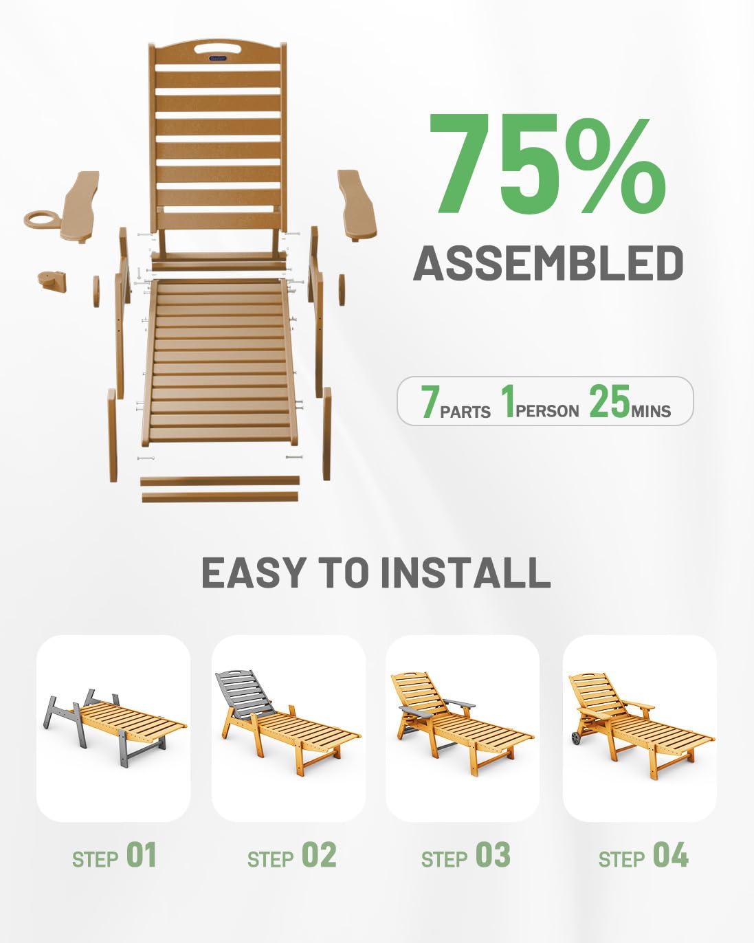 2-Piece HDPE Outdoor Lounge Chair Set with 6-Position Adjustable Back, Wheels & Cup Holders - Teak Poolside Chaise Lounge for Backyard, Patio & Deck Relaxation | Perfect for Sunbathing, Swimming Pool Areas & Outdoor Lounging