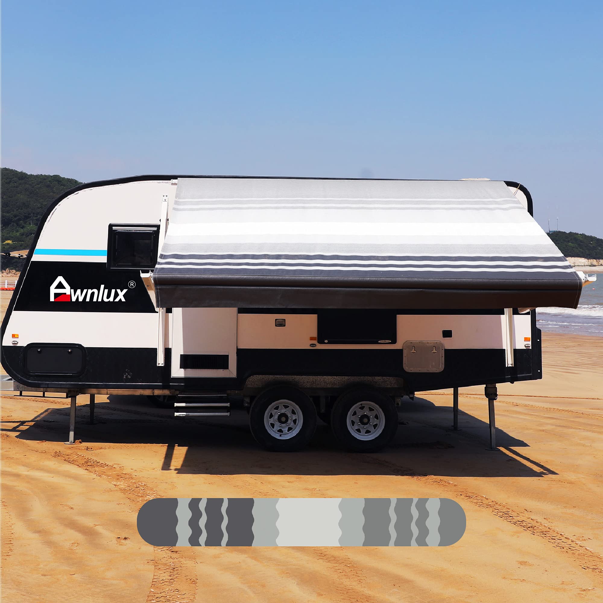 **Awnlux RV Awning Fabric Replacement - 15' Waterproof Vinyl Shade Screen, UV Sun Blocker for Camping, Canopy & RV Shelter (Black Strip, Universal Fit, Fabric 14'2