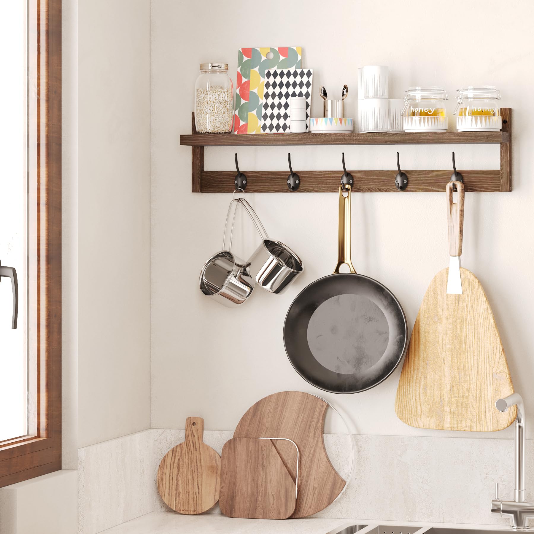 AMBIRD 28.9 Inch Wall Mounted Coat Rack with Shelf - 5 Dual Hooks for Entryway, Bathroom, Living Room & Bedroom - Solid Wood Hanging Organizer for Jackets, Hats, Bags & Towels (Brown) - Perfect for Small Spaces & Home Decor