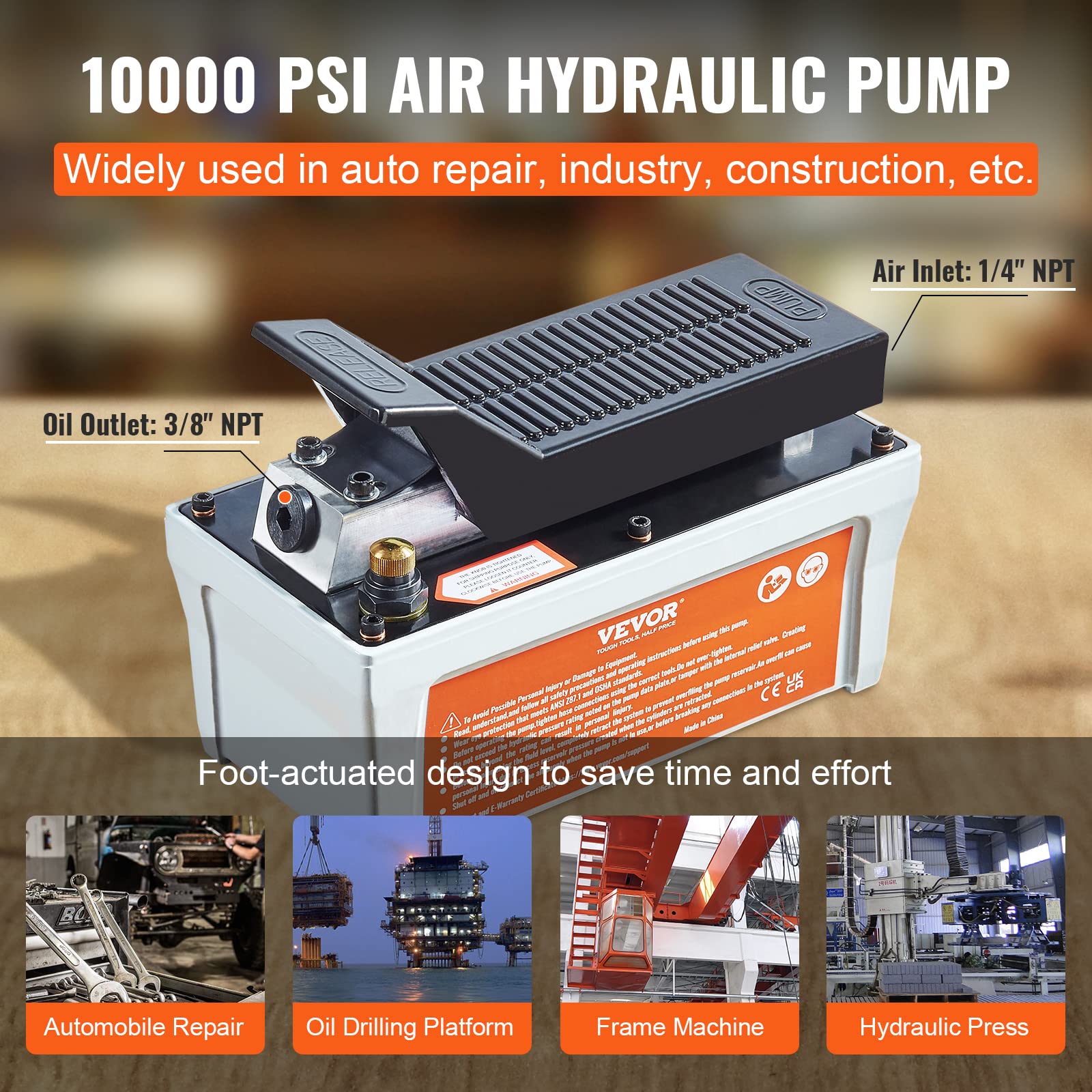 VEVOR 10,000 PSI Air Over Hydraulic Pump with 1/2 Gallon Reservoir - Heavy Duty Hydraulic Tool for Automotive Repair, Industrial Equipment & Construction (Gray)