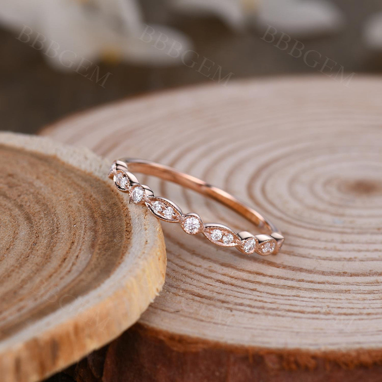 Moissanite Wedding Band for Women - 14K/18K Rose Gold Half Eternity Ring with Marquise Cut Stones | Elegant Bridal Jewelry, Anniversary Gift, Engagement Ring Alternative