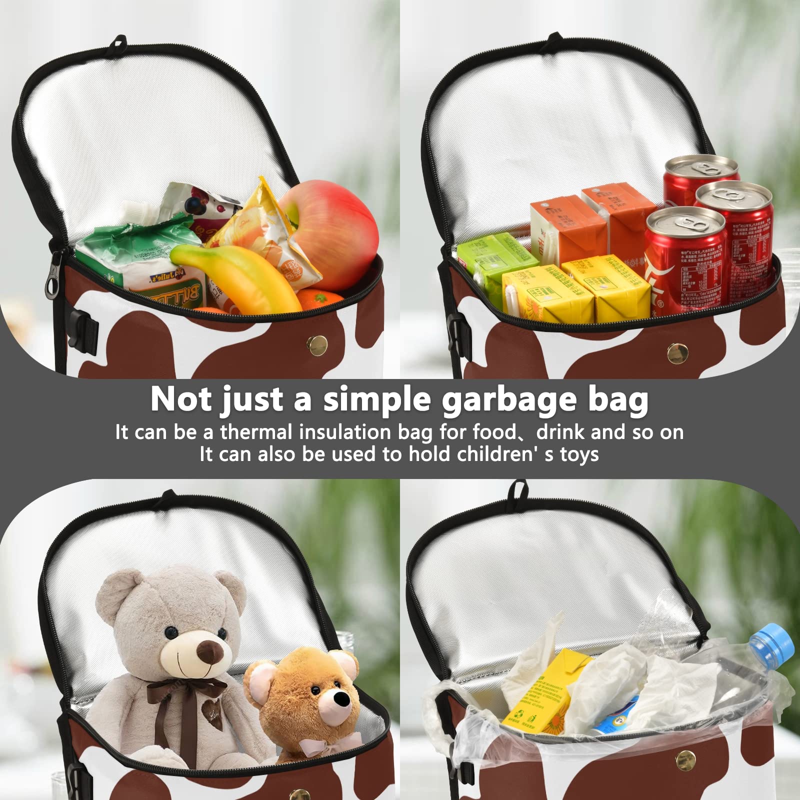 JUNZAN Leakproof Hanging Car Trash Can with Lid - Brown Cow Print Design for Minivan, Truck, Van & SUV - Perfect for Road Trips, Commuting & Family Travel