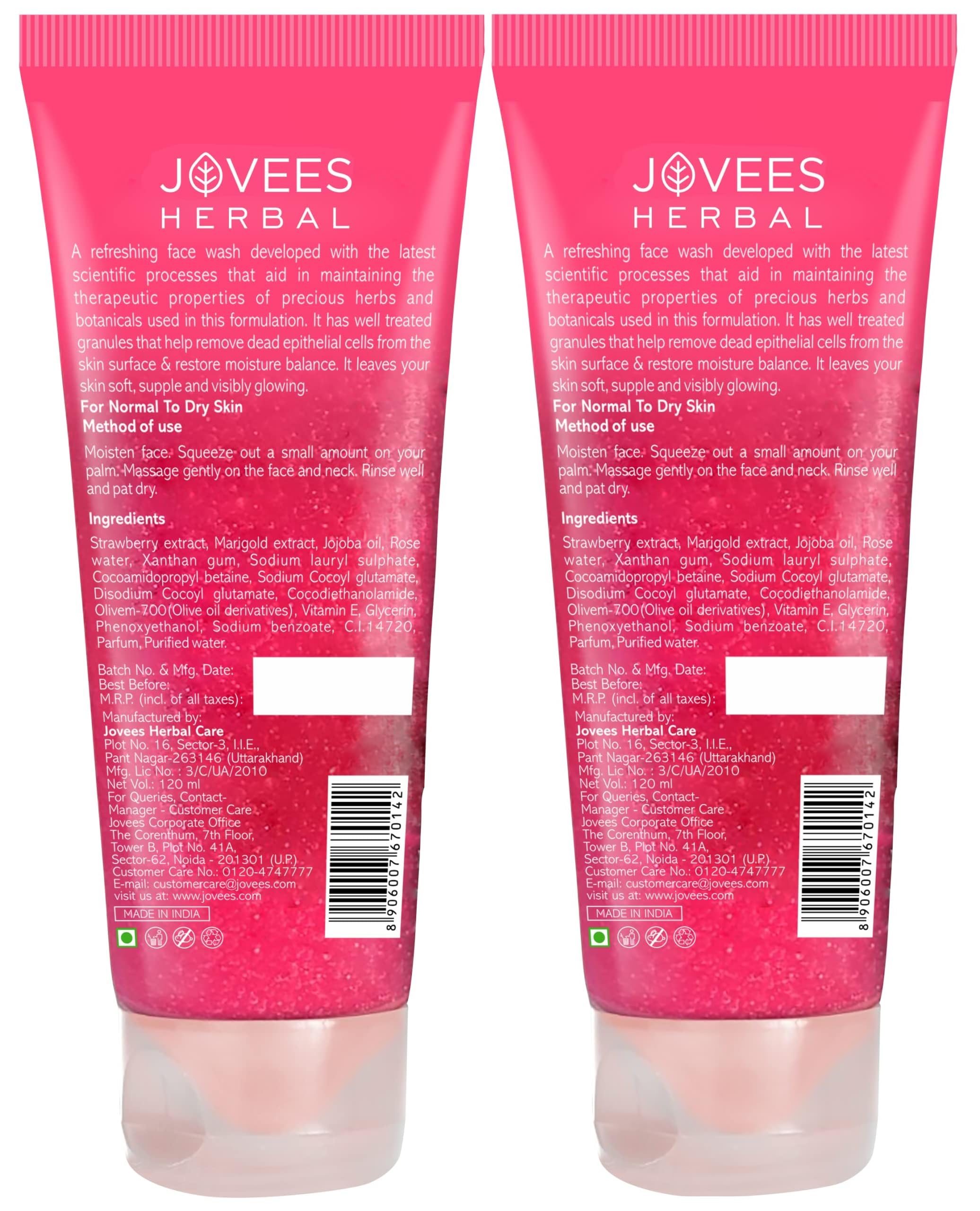Jovees Herbal Strawberry Face Wash for Hydrated & Glowing Skin with Strawberry Extract | Gentle Cleanser Brightens Skin & Reduces Pigmentation | Normal to Dry Skin | 120ml (Pack of 2) | Daily Skincare Routine & Morning/Night Use