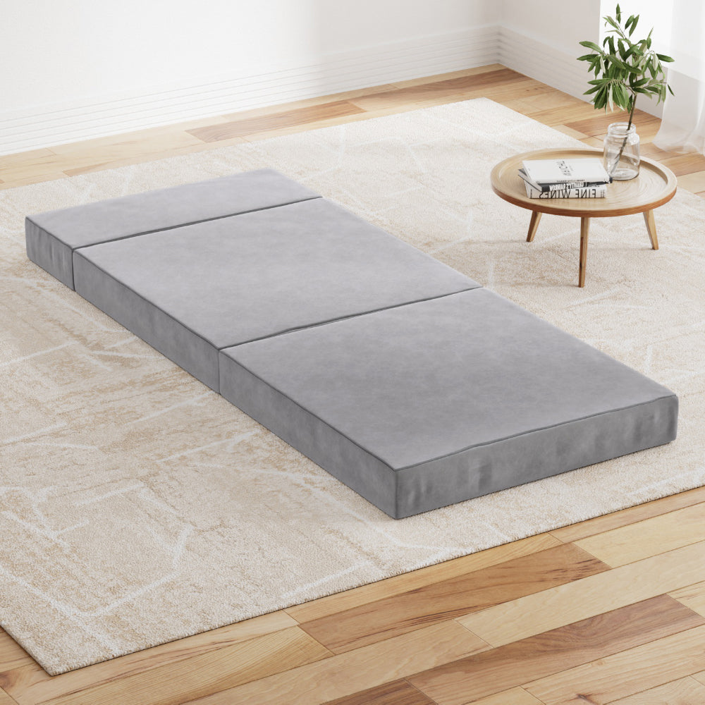 Portable Folding Foam Mattress Sofa Bed - Velvet Light Grey Lounge Chair for Camping, Guest Room & Small Spaces | Comfortable Convertible Sleeper for Adults