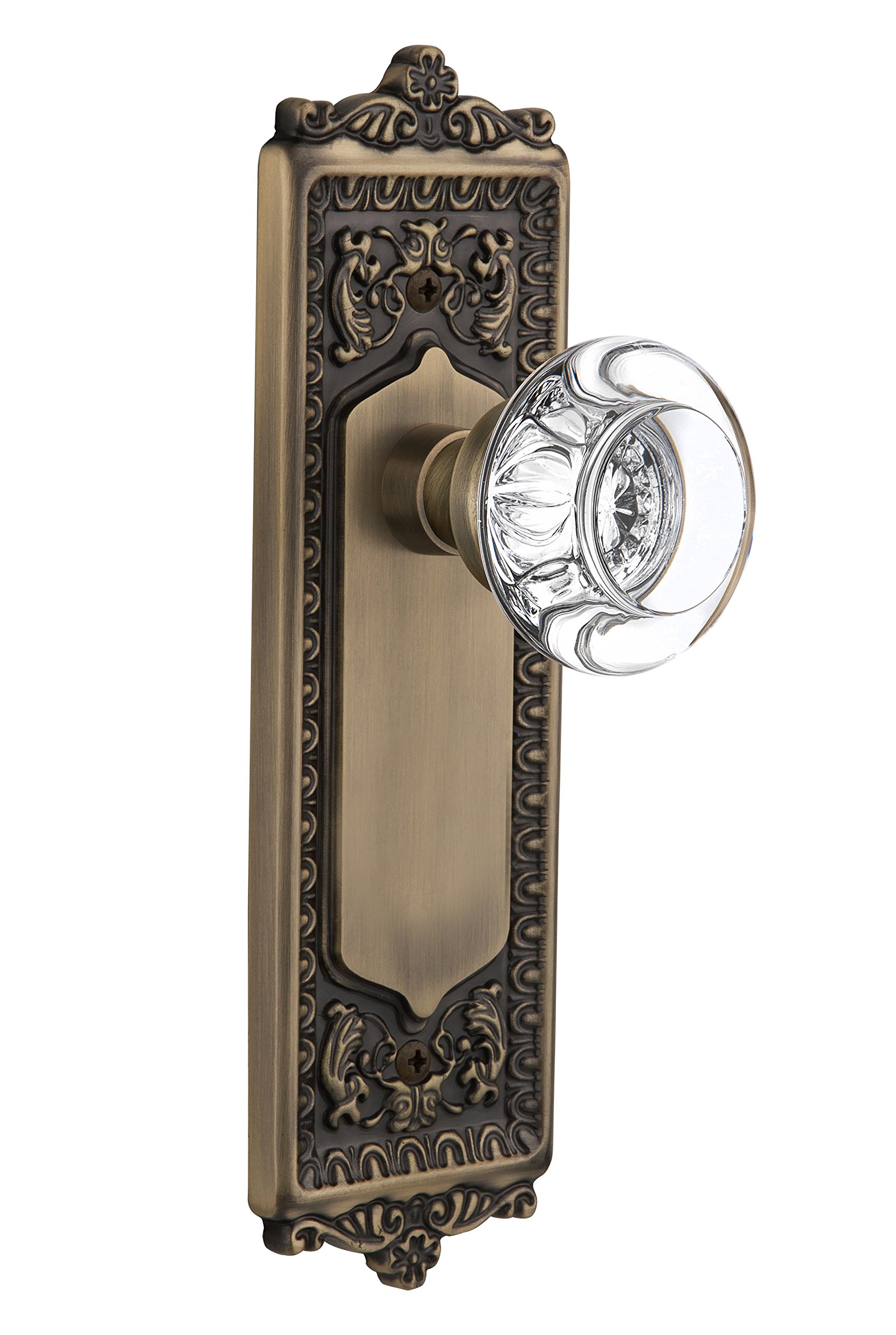 Vintage Antique Brass Egg & Dart Plate with Round Clear Crystal Glass Knob - Nostalgic Warehouse 712495 - Privacy Backset 2.375