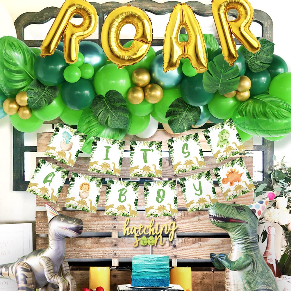 Dinosaur Baby Shower Decorations for Boys - Dinosaur Balloon Garland Arch, Table Decor & Party Supplies | IT'S A BOY Banner & Hatching Soon Cake Topper | Perfect for Dinosaur-Themed Baby Showers, Gender Reveals & Birthday Parties
