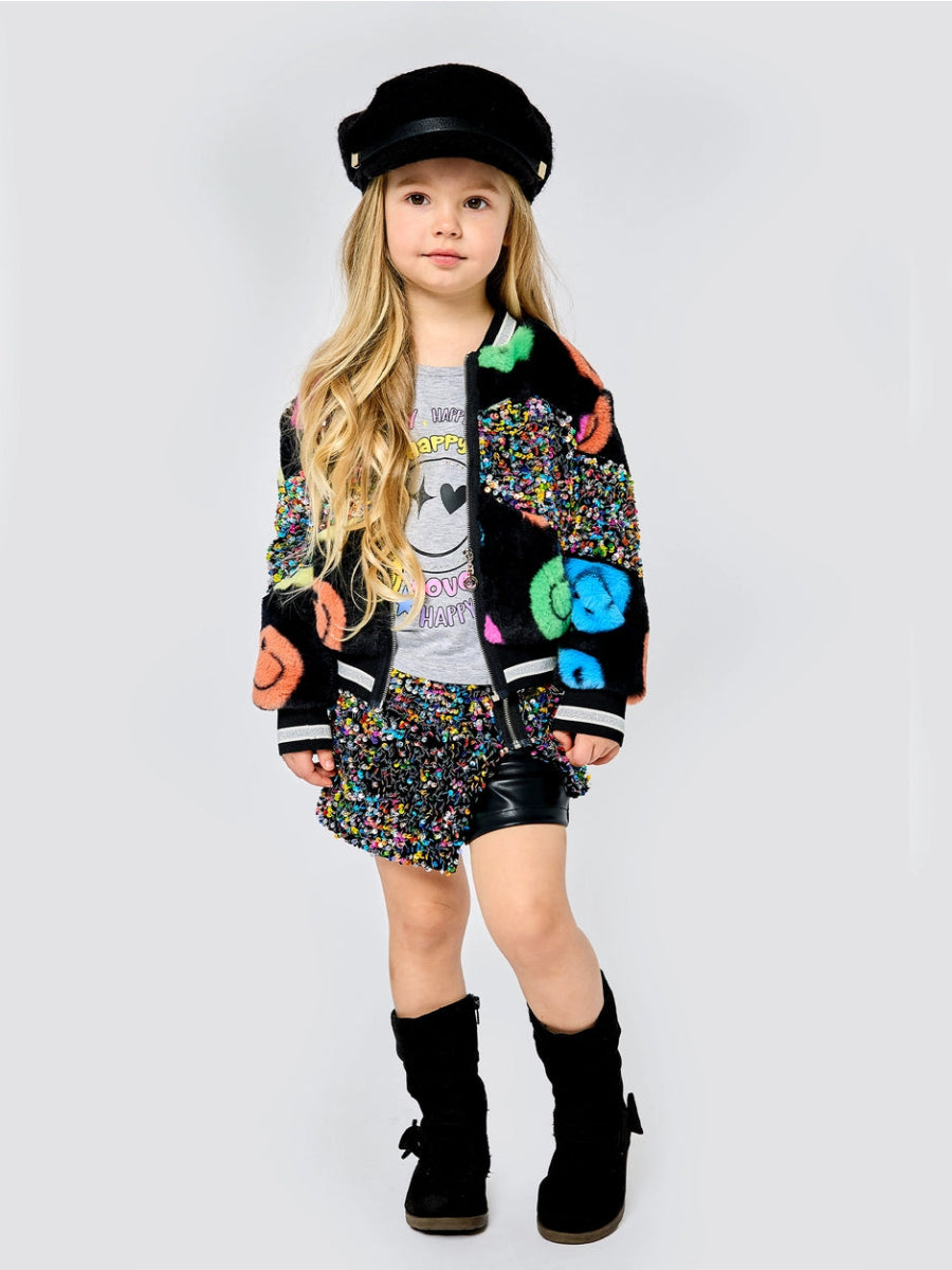 Stylish Smiley Face & Sequin Fringe Faux Fur Bomber Jacket for Women - Trendy Winter Coat for Parties, Night Out & Casual Wear