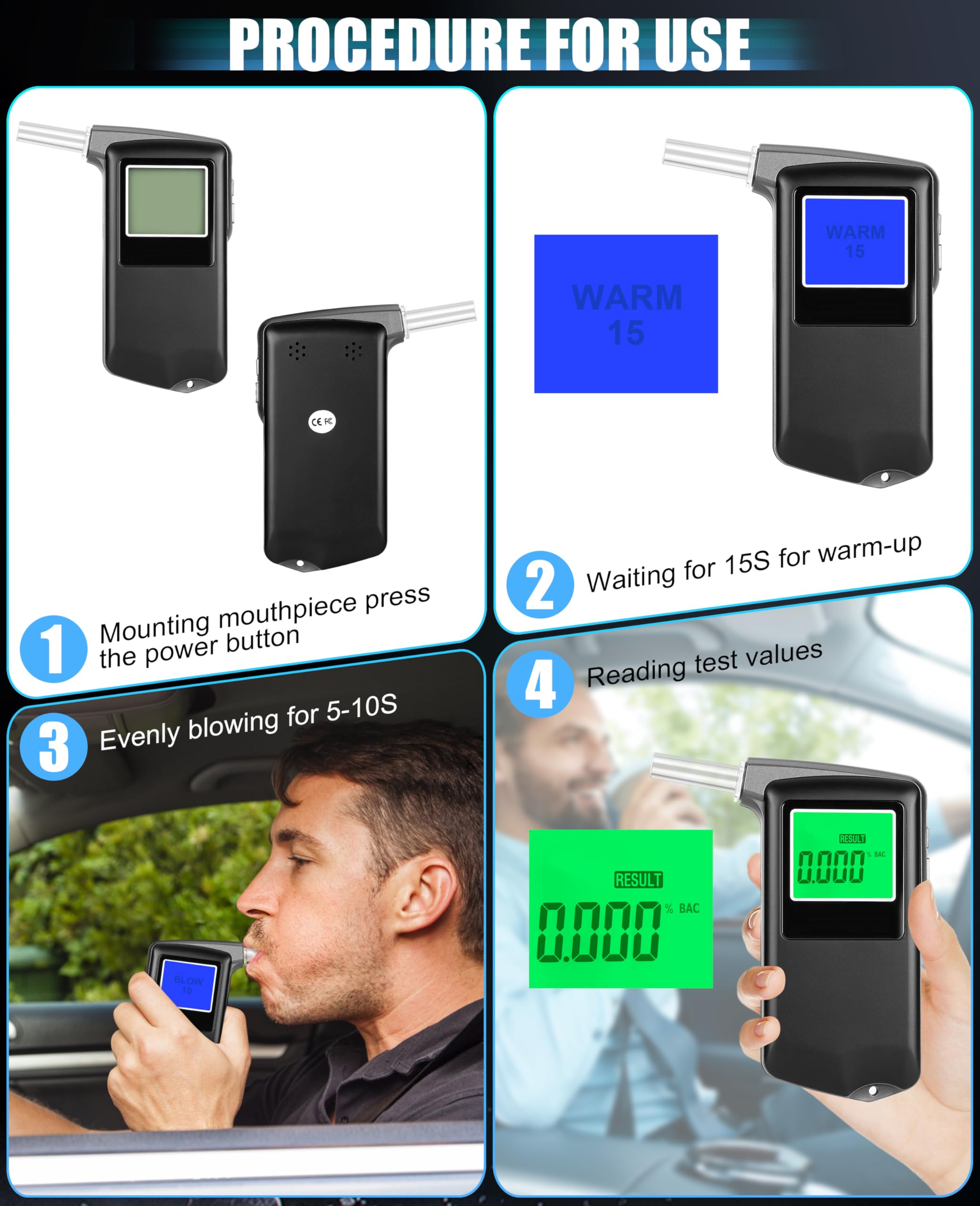 Professional-Grade High Accuracy Portable USB Rechargeable Alcohol Tester with LCD Digital Display - 10 Mouthpieces Included | Home & Personal Use, Workplace Safety, DUI Prevention, Party Safety Check