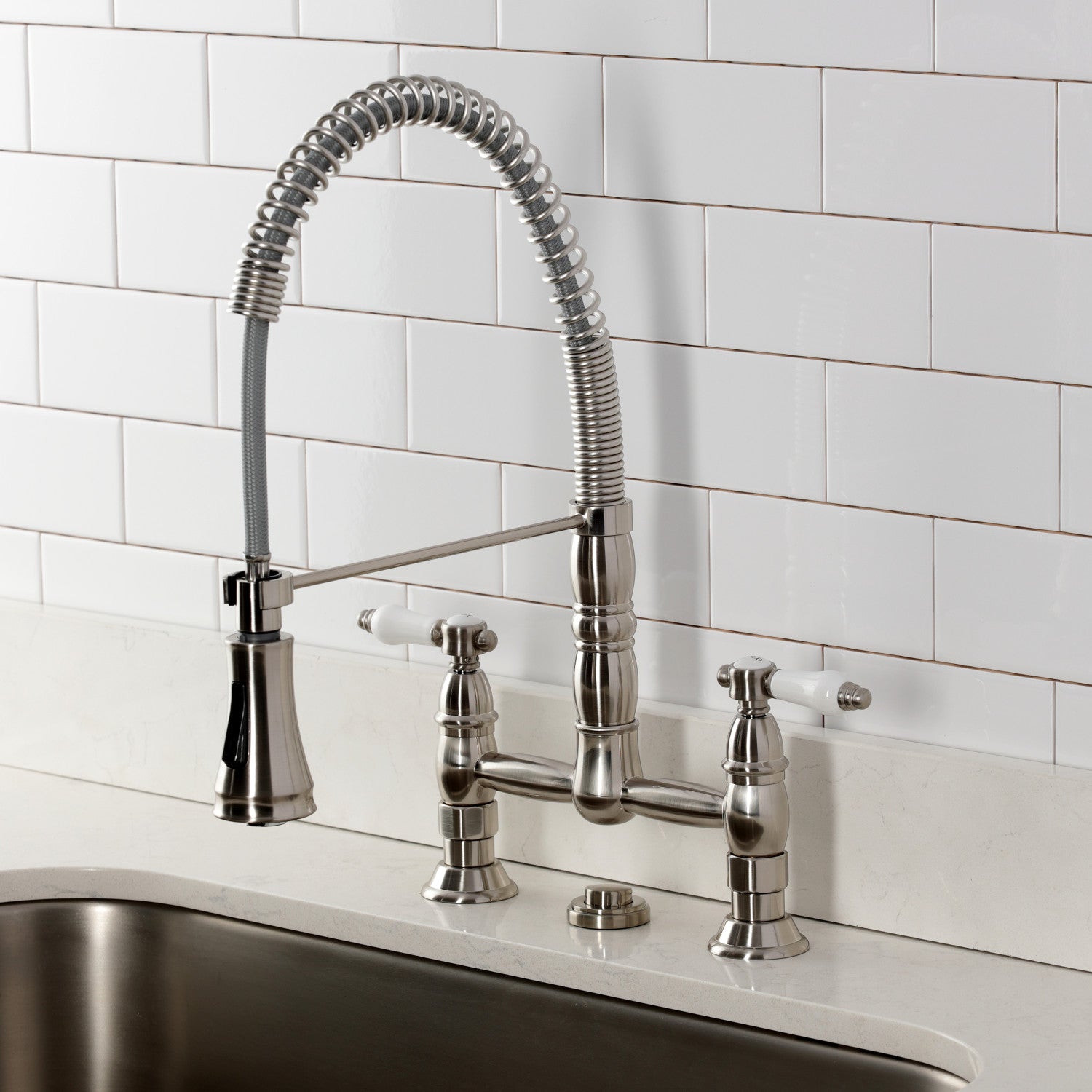 Bel Air GS1278BPL Brushed Nickel Double Handle 2-Hole Deck Mount Pre-Rinse Bridge Kitchen Faucet - Perfect for Commercial Kitchens & Restaurant Prep Areas