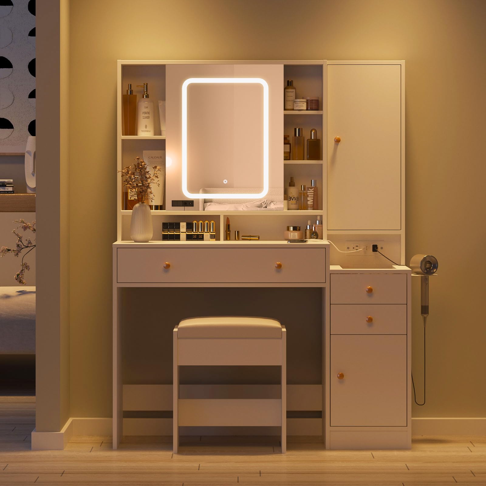 Vanity Desk with Mirror, LED Lights & USB Charging Station - 3-Drawer Glass Top Dressing Table with Jewelry Storage Cabinet, 42.8 Inch Modern Makeup Vanity for Bedroom & Dressing Room