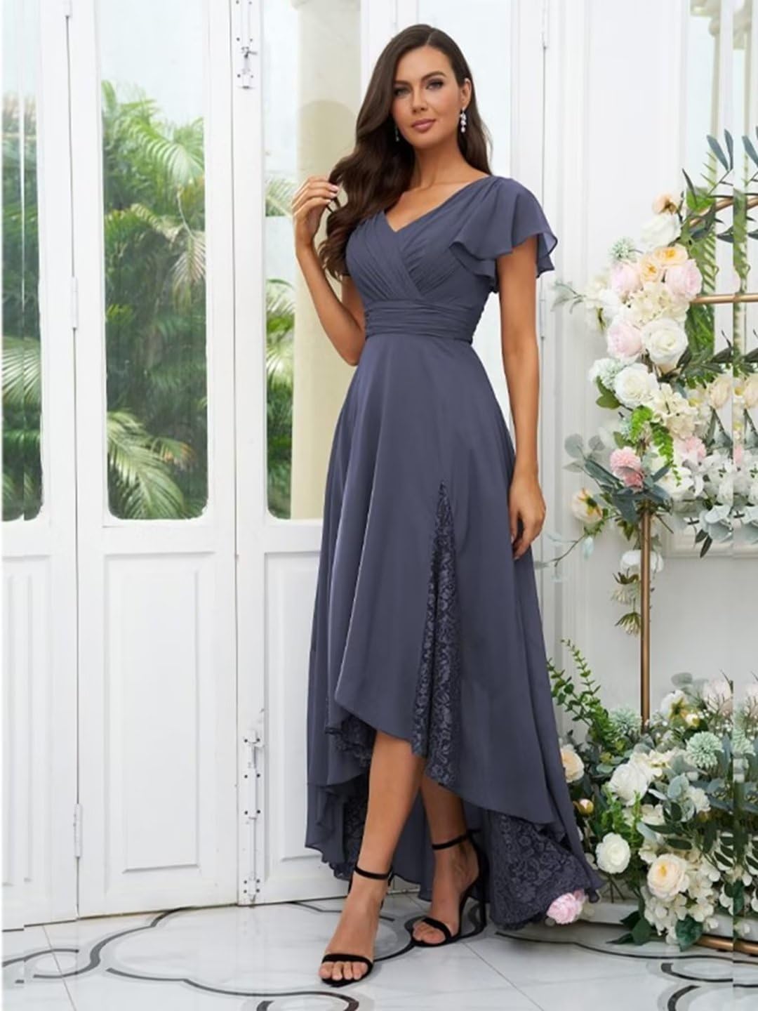 Elegant Tea-Length Mother of the Bride Dress - Lace & Chiffon Sleeved Wedding Guest Gown for Formal Occasions, Church Ceremonies & Special Events