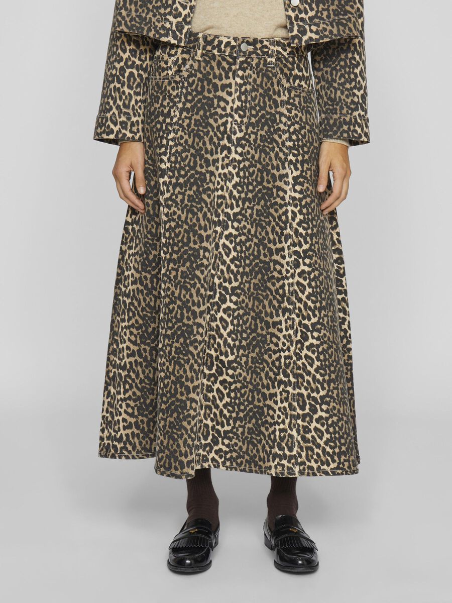 Chia Leopard Print Midi Skirt for Women - A-Line Stretch Waist Flowy Skirt (Birch/Leopard) - Perfect for Casual Outings, Office Wear & Date Nights