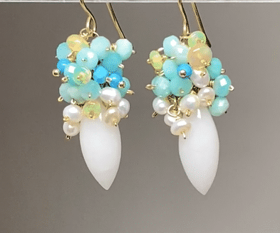 Amazonite Opal Pearl Cluster Earrings for Women - Elegant White Dangle Earrings for Parties, Weddings & Special Occasions