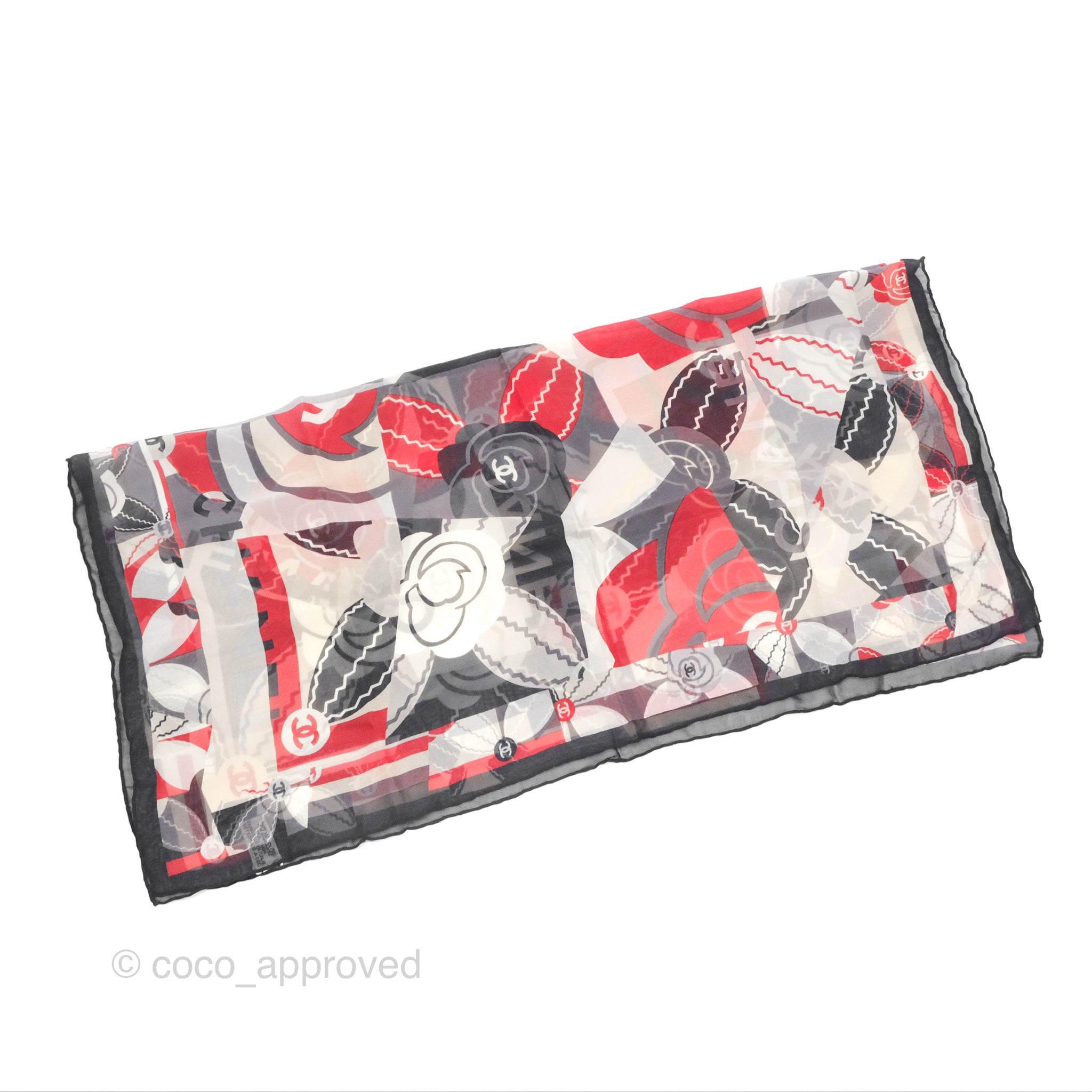 Chanel CC Silk Square Scarf 90 - Elegant Grey Red White Pattern - Luxury Fashion Accessory for Women - Perfect for Gifts, Parties, and Everyday Style
