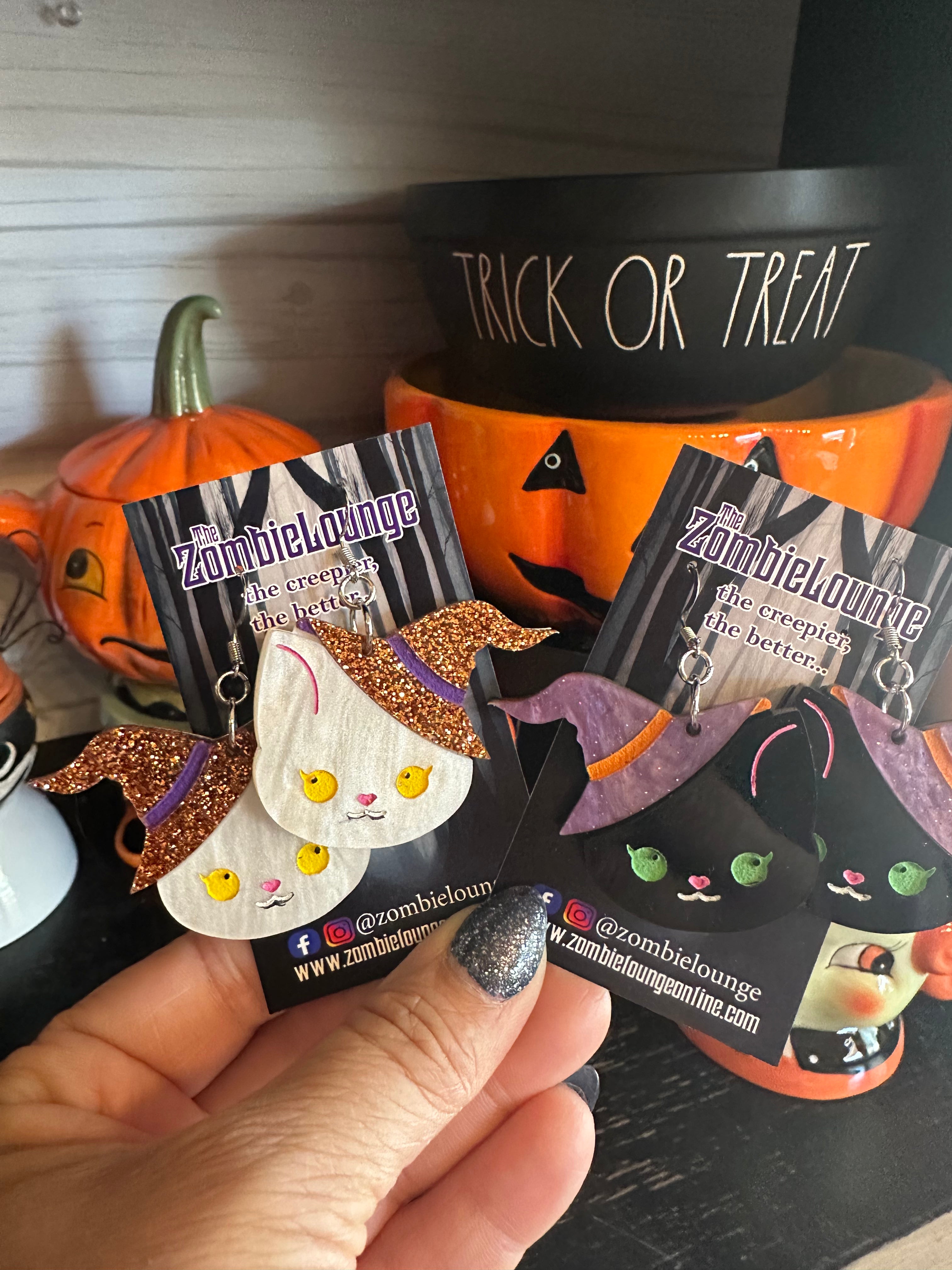Witch Kitty Earrings - Cute Black Cat Stud Earrings for Women | Halloween Jewelry, Gothic Accessories, Kawaii Gift for Cat Lovers