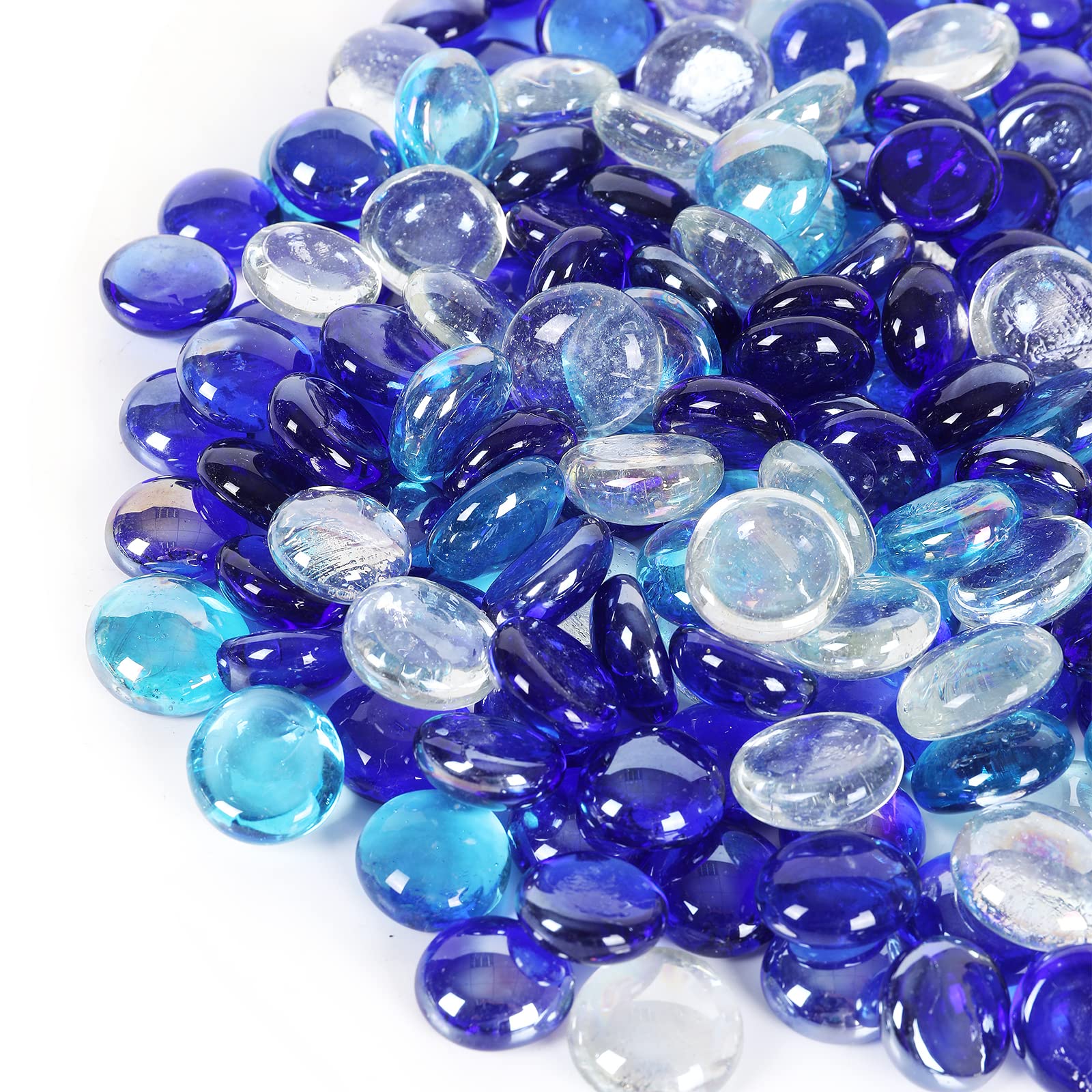 5LB Fire Glass Beads - Flat Glass Marbles for Fire Pit & Fireplace, Vase Filler, Aquariums, Hydroponics - Blue Mixed Gems for Home Decor, Christmas DIY Crafts & Outdoor Entertaining