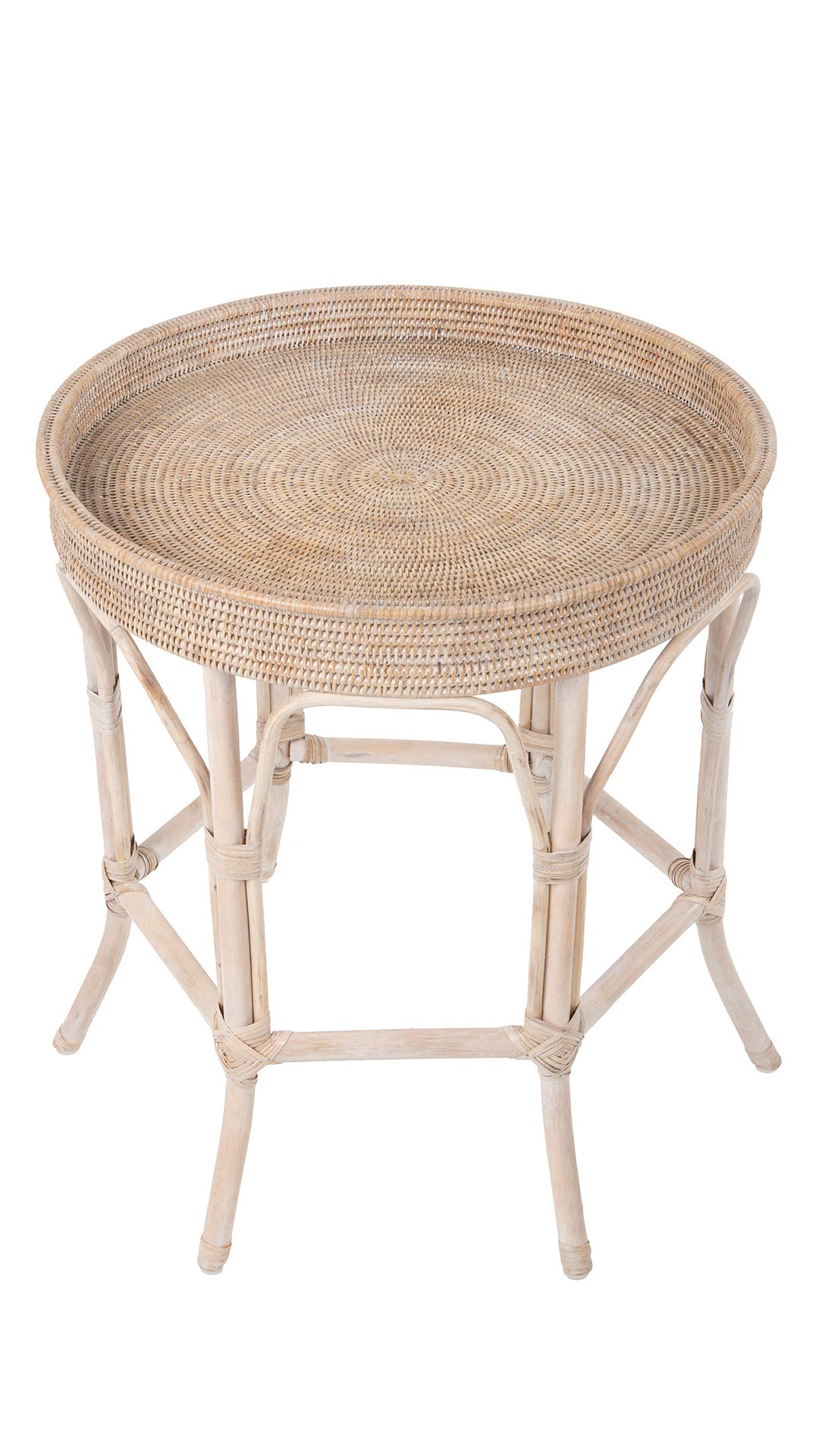 Kouboo La Jolla Rattan Round Side Table and End Table, White-Washed Finish - Perfect for Patio, Living Room, and Bedroom Decor