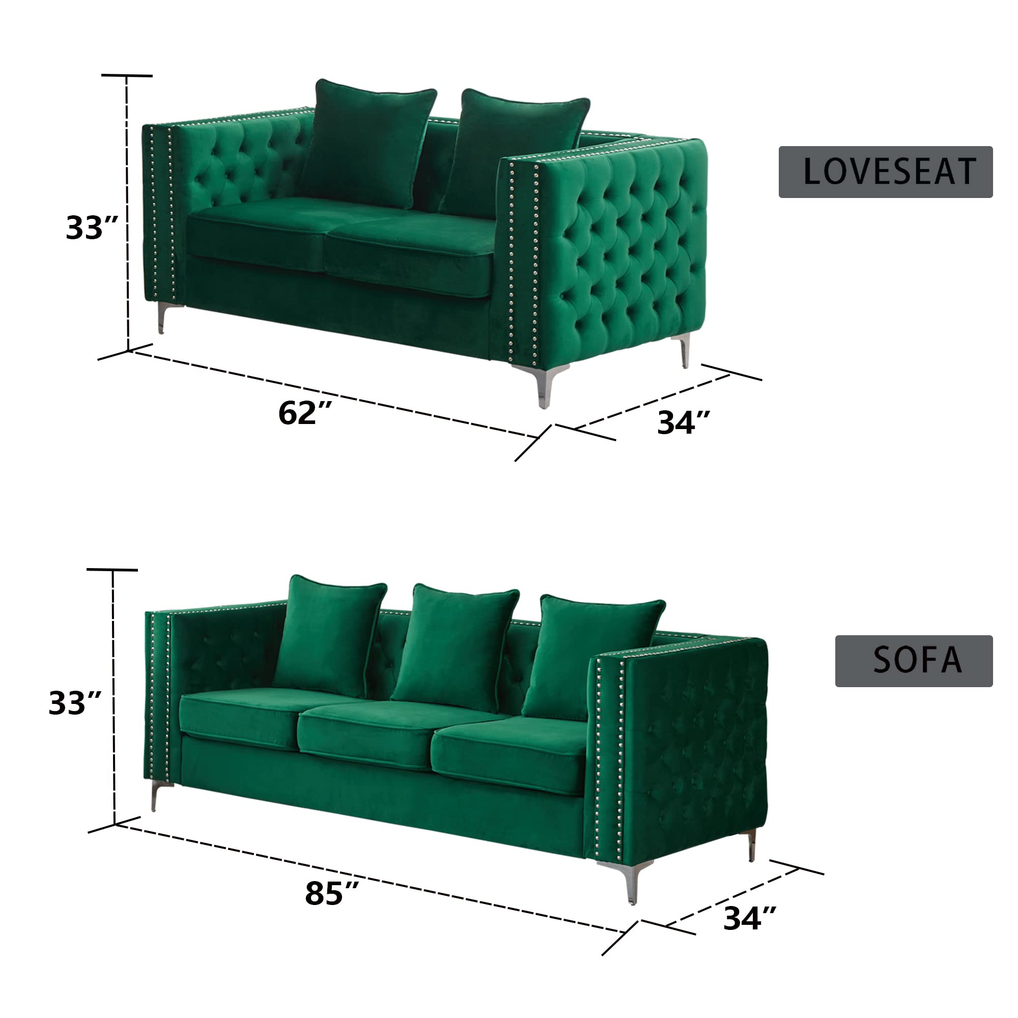 Mid-Century Modern Velvet Loveseat Sofa - Tufted Couch with Metal Legs for Living Room, Office & Bedroom - Emerald Green - Perfect for Small Spaces, Reading Nooks & Cozy Apartment Decor