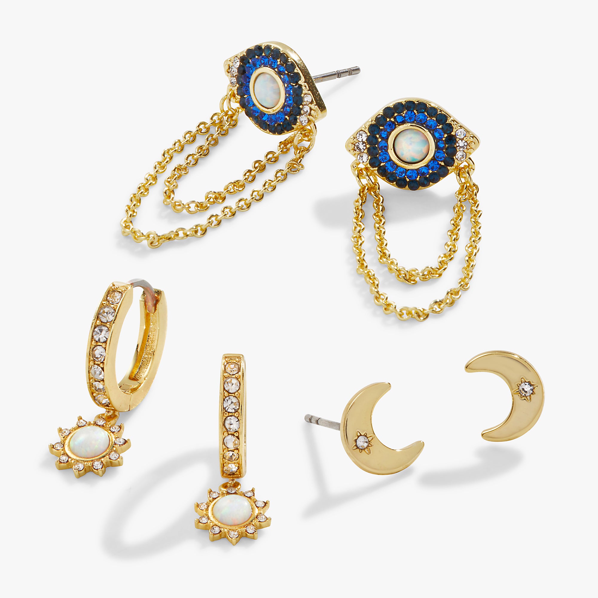 Evil Eye & Celestial Stud Earrings Set for Women - Protection Jewelry, Dainty Gold Hoop Earrings - Perfect for Everyday Wear, Gift Giving & Spiritual Healing