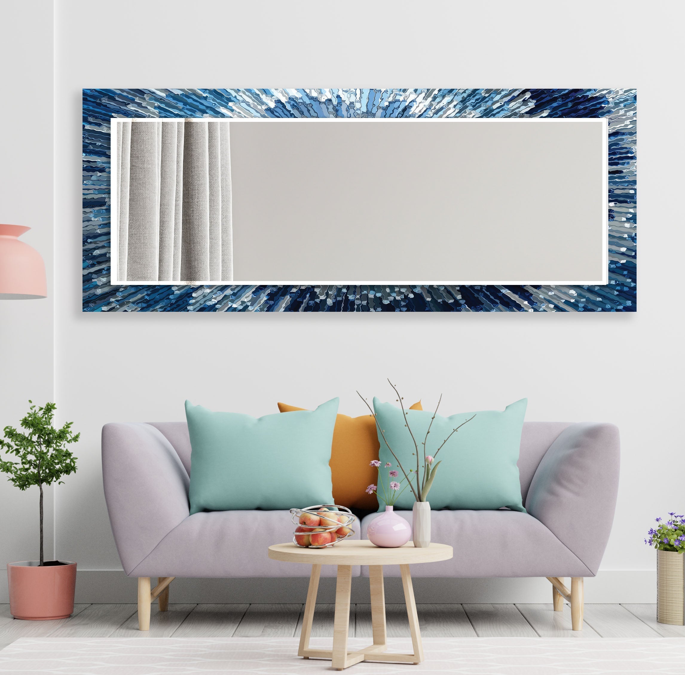 Round Wall Mirror with Blue Splash Design - Elegant Home Decor for Living Room, Bedroom, or Bathroom