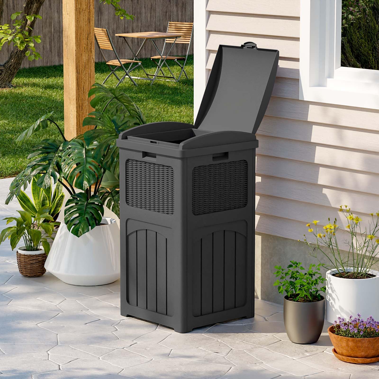 **Patiowell 36 Gallon Outdoor Trash Can with Lid – Heavy-Duty Resin Garbage Bin for Patio, Backyard, Deck – Weatherproof & Durable – Ideal for Outdoor Waste Management (Black)**    *(Perfect for BBQs, Poolside, Camping, and Home Use)*
