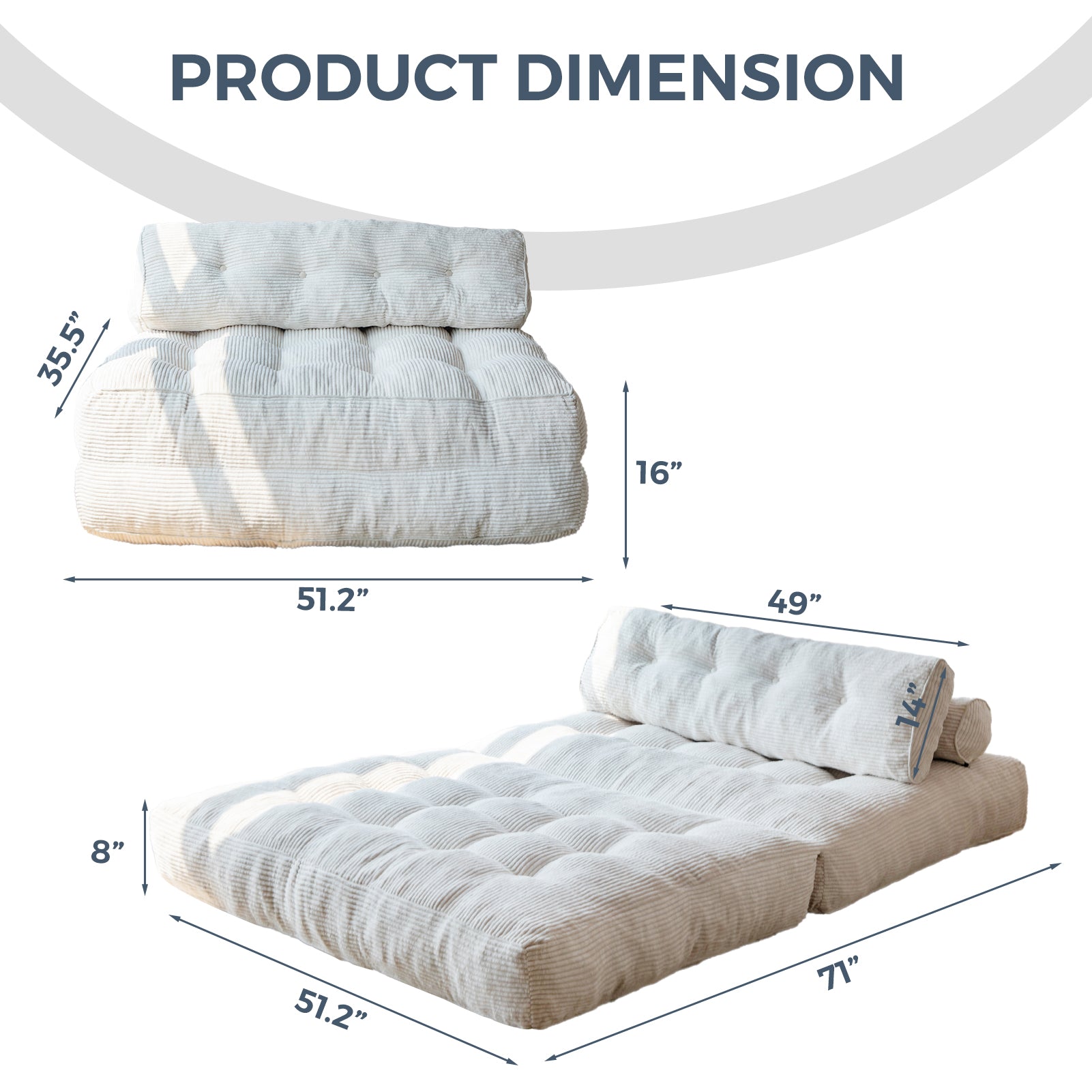 MAXYOYO Corduroy Folding Sofa Bed - Convertible Sleeper Chair with Pillow & Foldable Mattress, Double Size with Back Support in Beige | Perfect for Small Spaces, Guest Rooms & Apartments