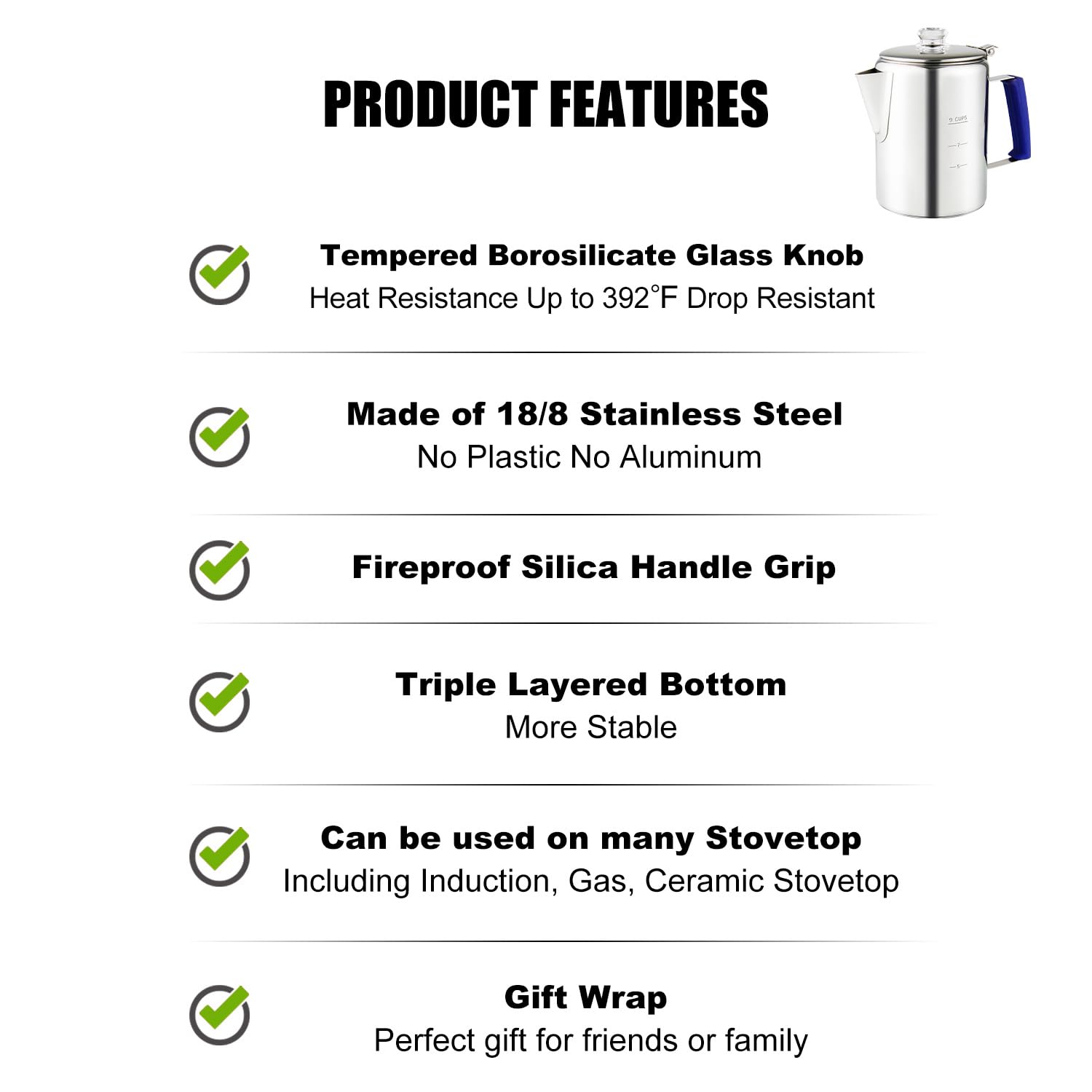 Premium Stainless Steel Stove Top Percolator Coffee Maker - 9 Cup Camping Coffee Pot with Borosilicate Glass Knob & Heat-Resistant Handle for Campfire, Induction Cooker & Home Use - Perfect for Outdoor Adventures & Daily Brewing
