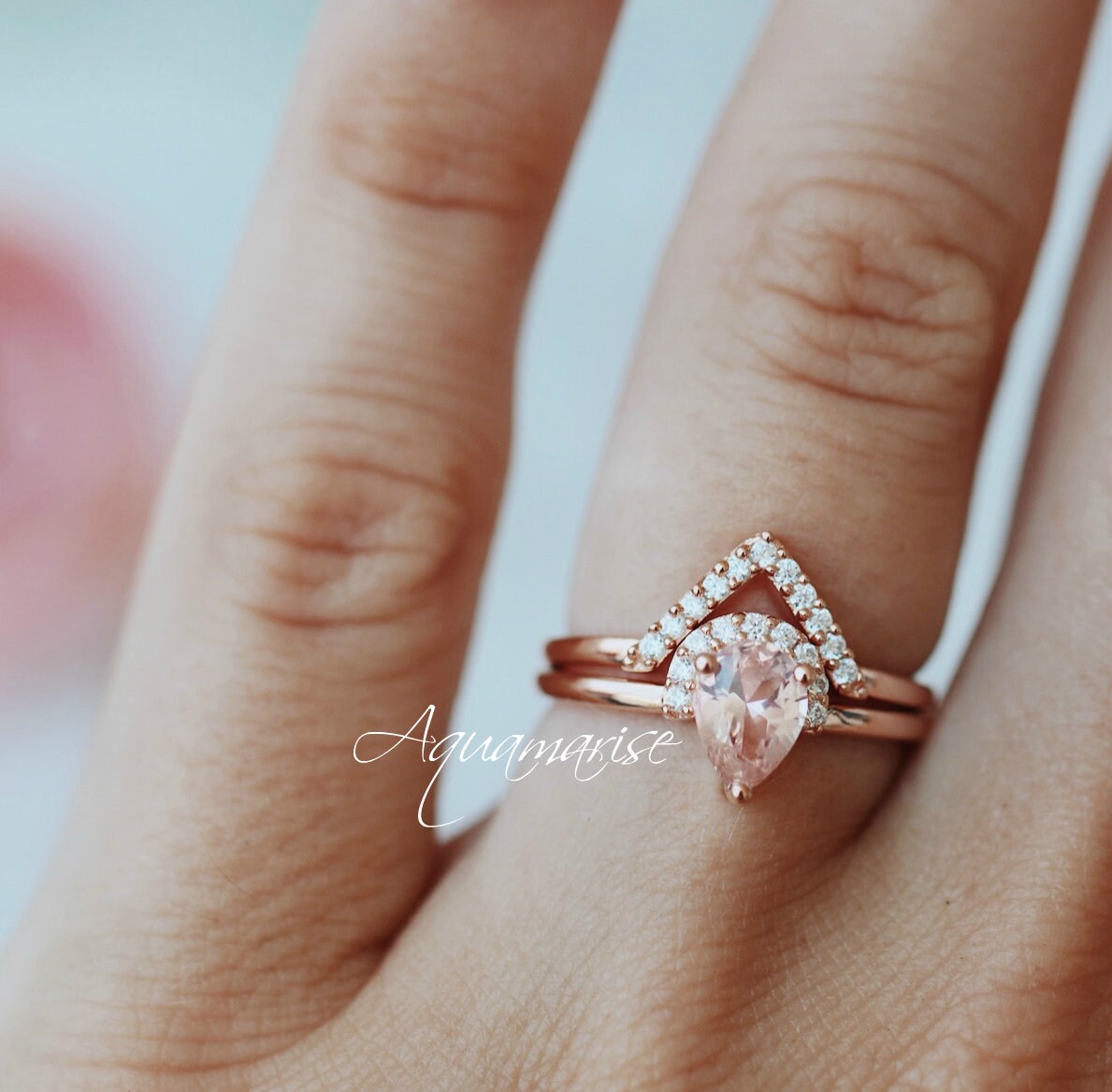 Aria Morganite Ring Set 14K Rose Gold Vermeil - Elegant Stackable Rings for Women, Perfect for Engagement, Wedding, Anniversary & Everyday Wear