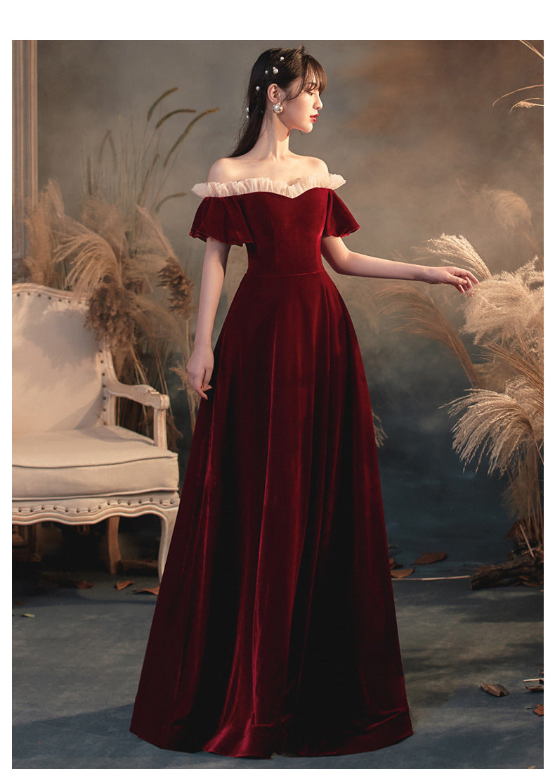 Burgundy Off Shoulder Long Prom Dress - A-Line Velvet Evening Gown for Homecoming, Wedding & Formal Events | Style 566