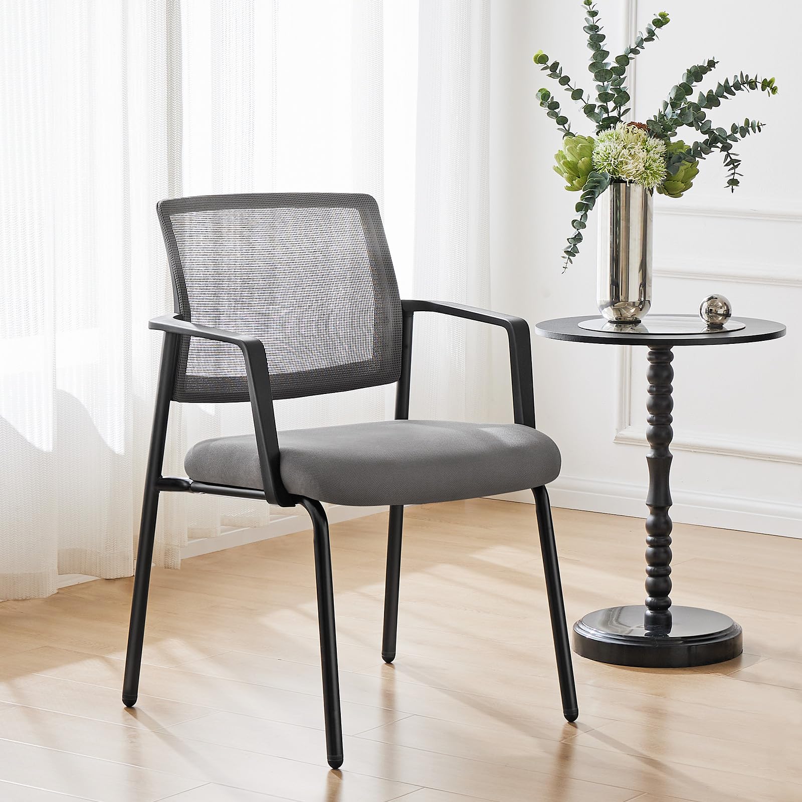 Mesh Back Stacking Arm Chairs - 4 Pack Grey Upholstered Fabric Office Guest Chairs with Ergonomic Lumbar Support & Sturdy Metal Frame | Perfect for Conference Rooms, Reception Areas, and Waiting Lounges